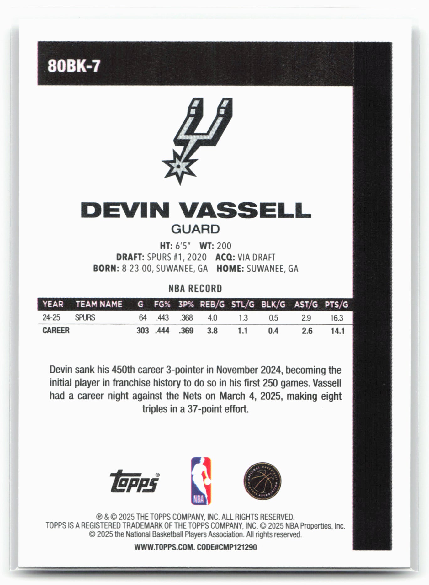 2025-26 Topps #80BK-7 Devin Vassell 1980-81 Topps Basketball 25598
