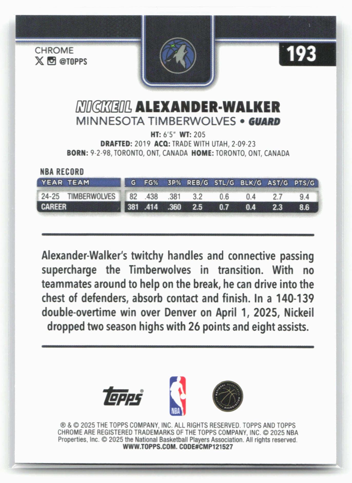 2025-26 Topps Chrome #193 Nickeil Alexander-Walker 25647