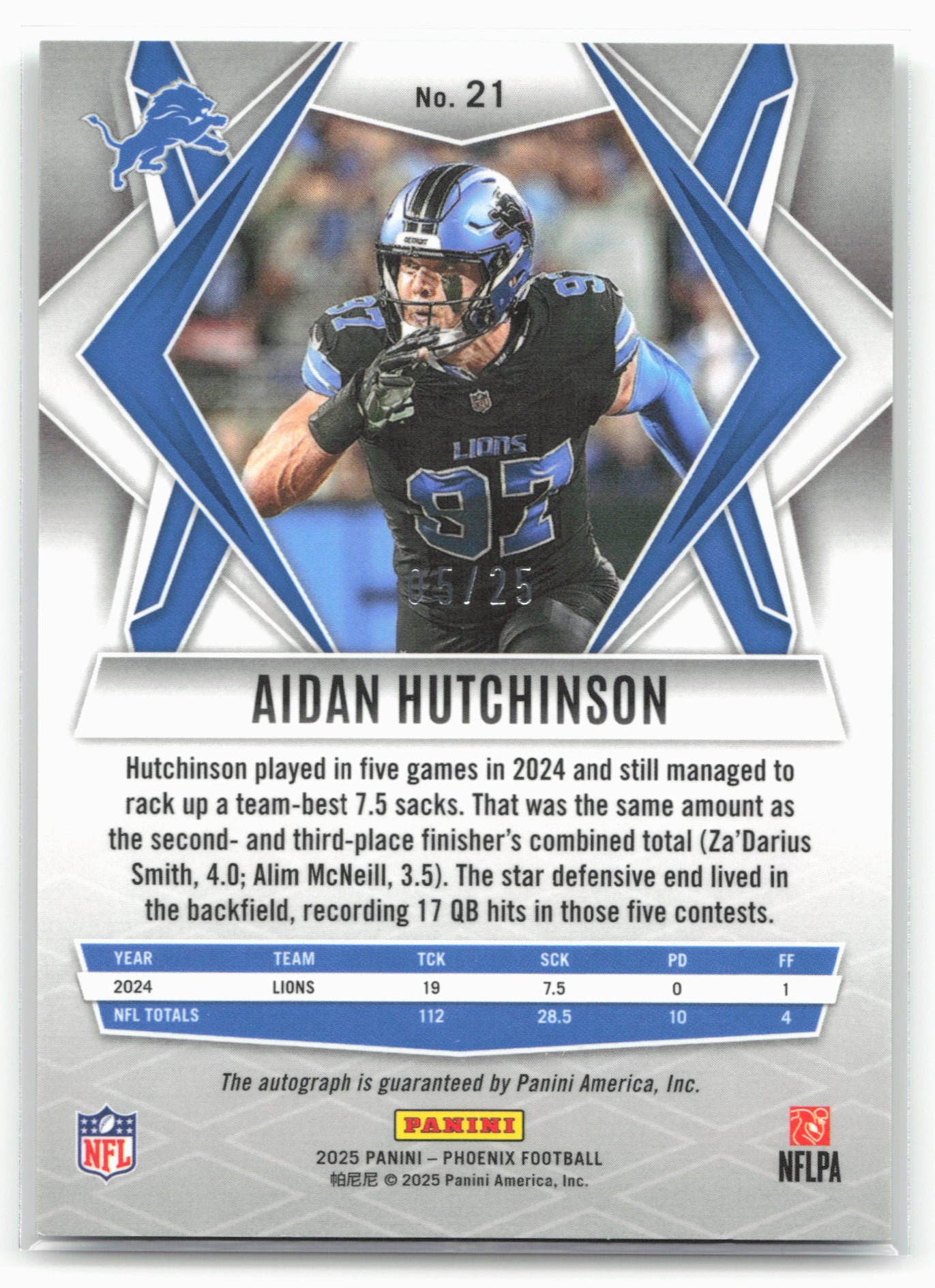2025 Panini Phoenix #21 Aidan Hutchinson Base Autographs Green Prizm 25868