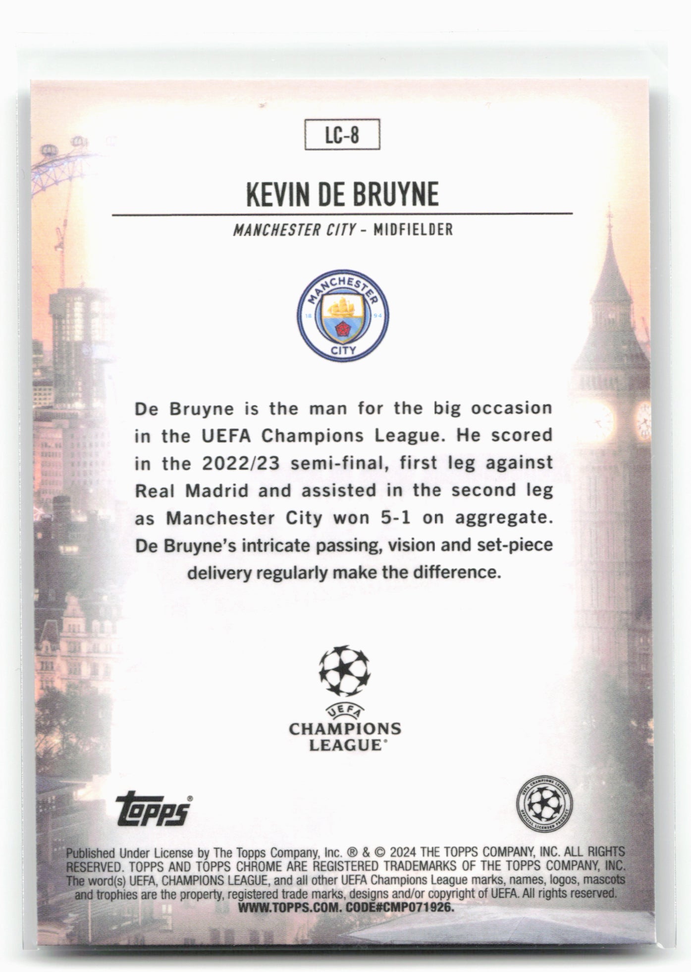 2023-24 Topps Chrome UEFA Club Competitions #LC-8 Kevin De Bruyne