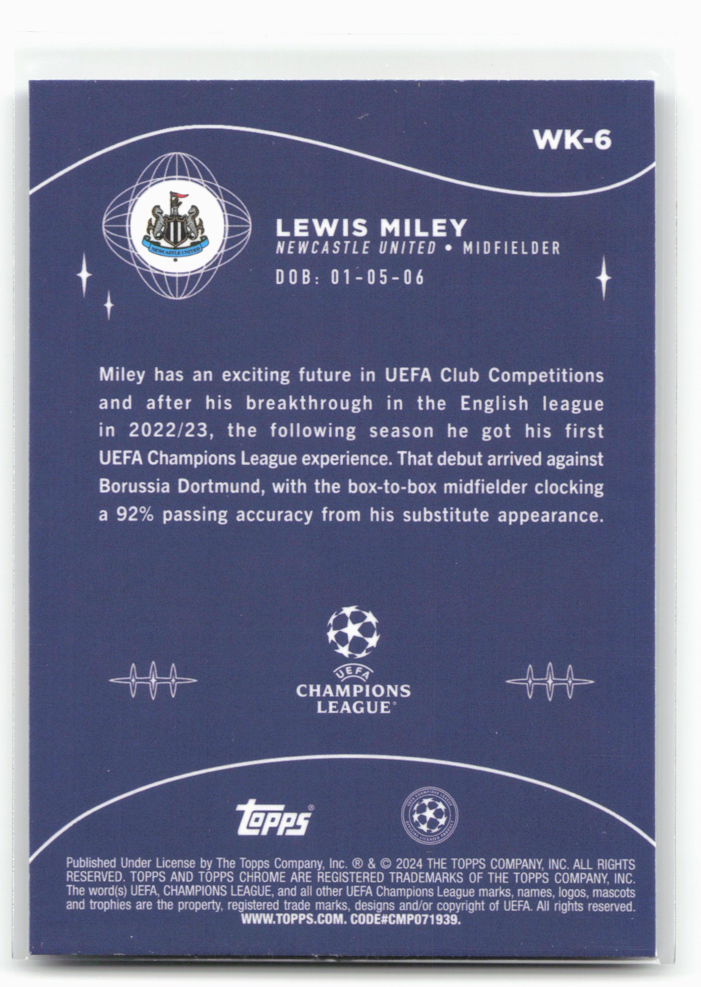2023-24 Topps Chrome UEFA Club Competitions #WK-6 Lewis Miley Wonderkids