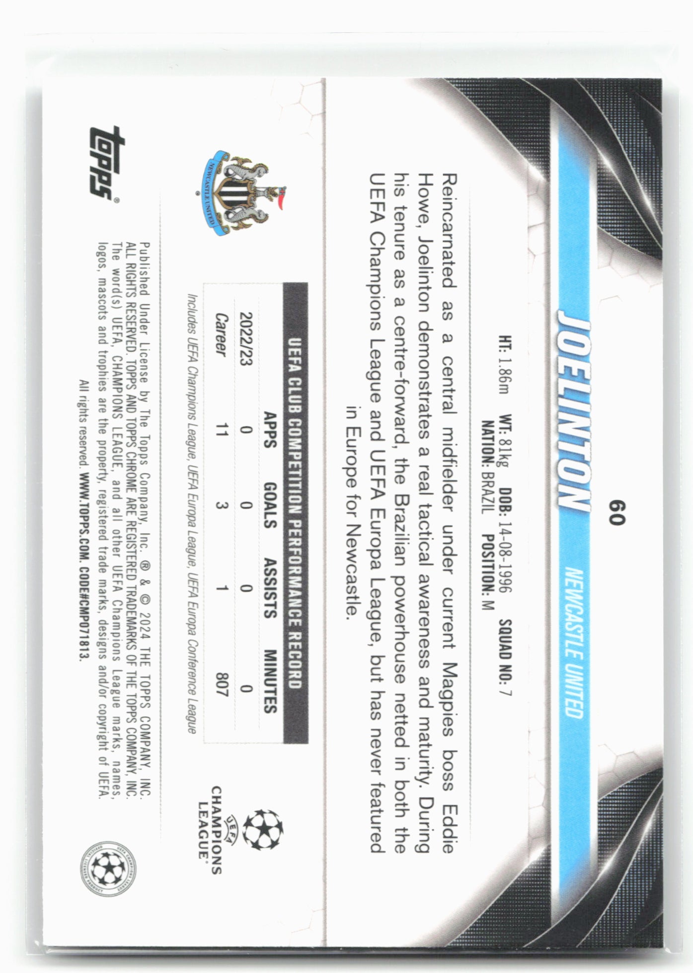 2023-24 Topps Chrome UEFA Club Competitions #60 Joelinton Prism Refractor