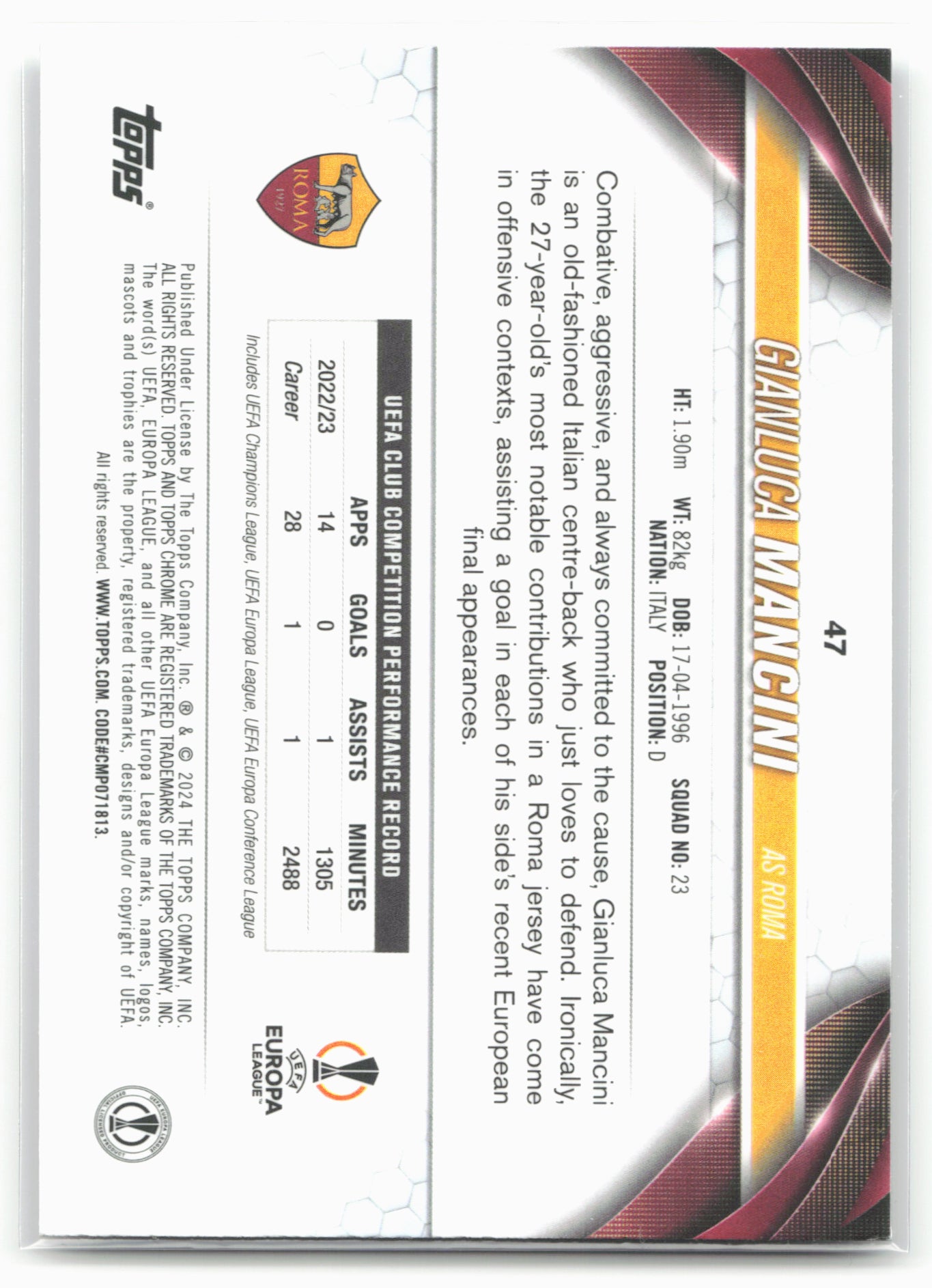 2023-24 Topps Chrome UEFA Club Competitions #47 Gianluca Mancini Pulsar