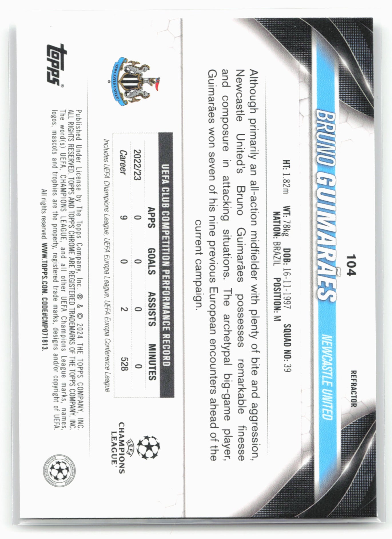 2023-24 Topps Chrome UEFA Club Competitions #104 Bruno Guimarães Refractor