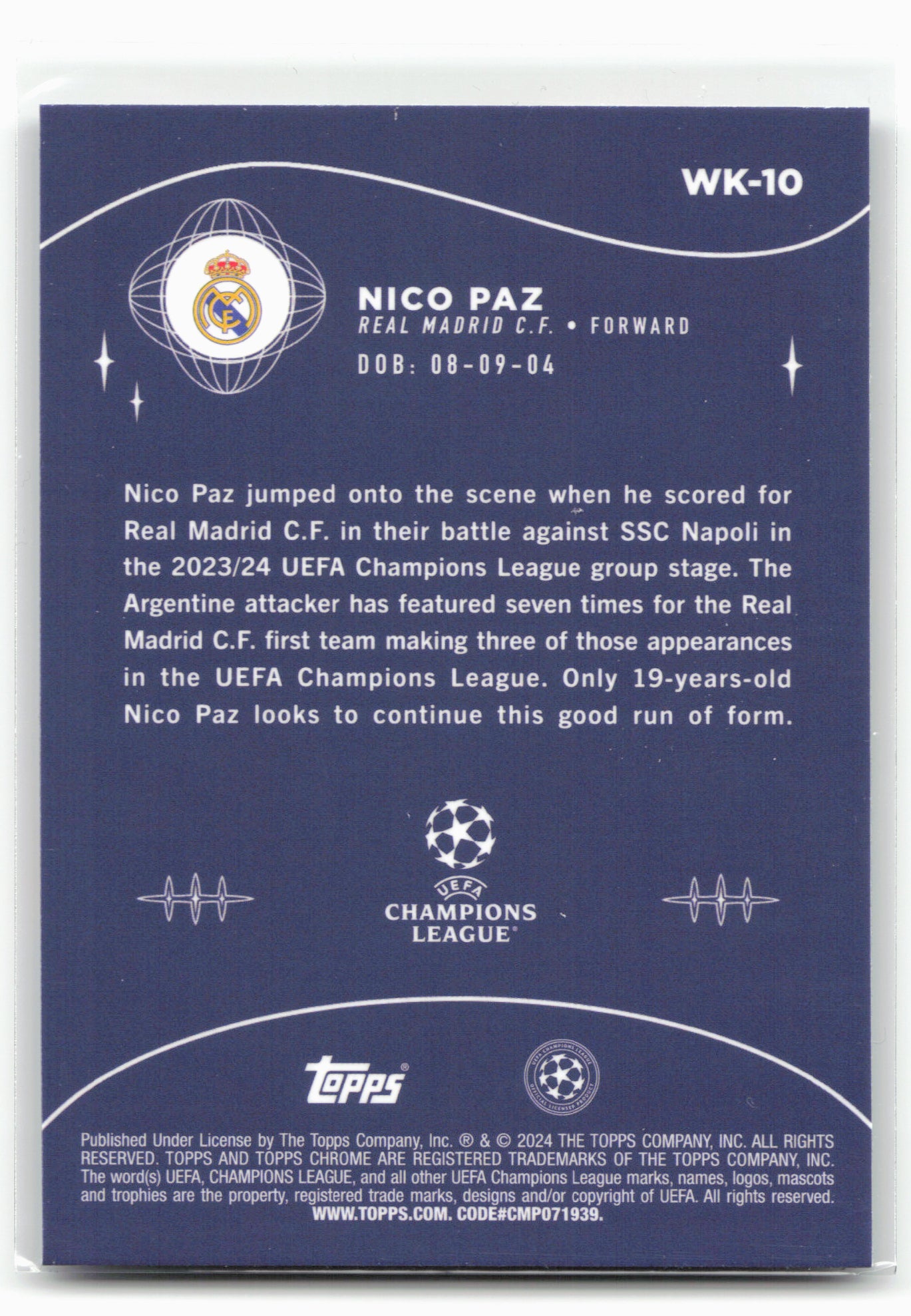 2023-24 Topps Chrome UEFA Club Competitions #WK-10 Nico Paz Wonderkids