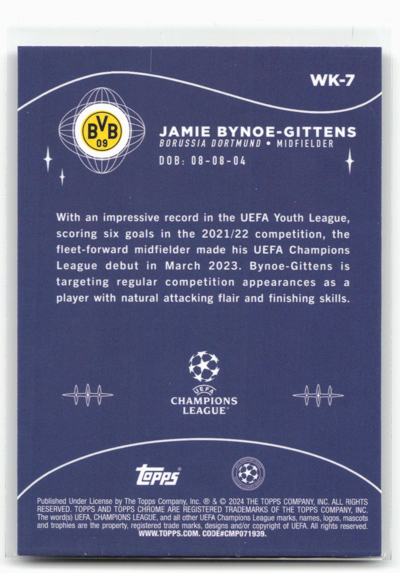 2023-24 Topps Chrome UEFA Club Competitions #WK-7 Jamie Bynoe-Gittens Wonderkids
