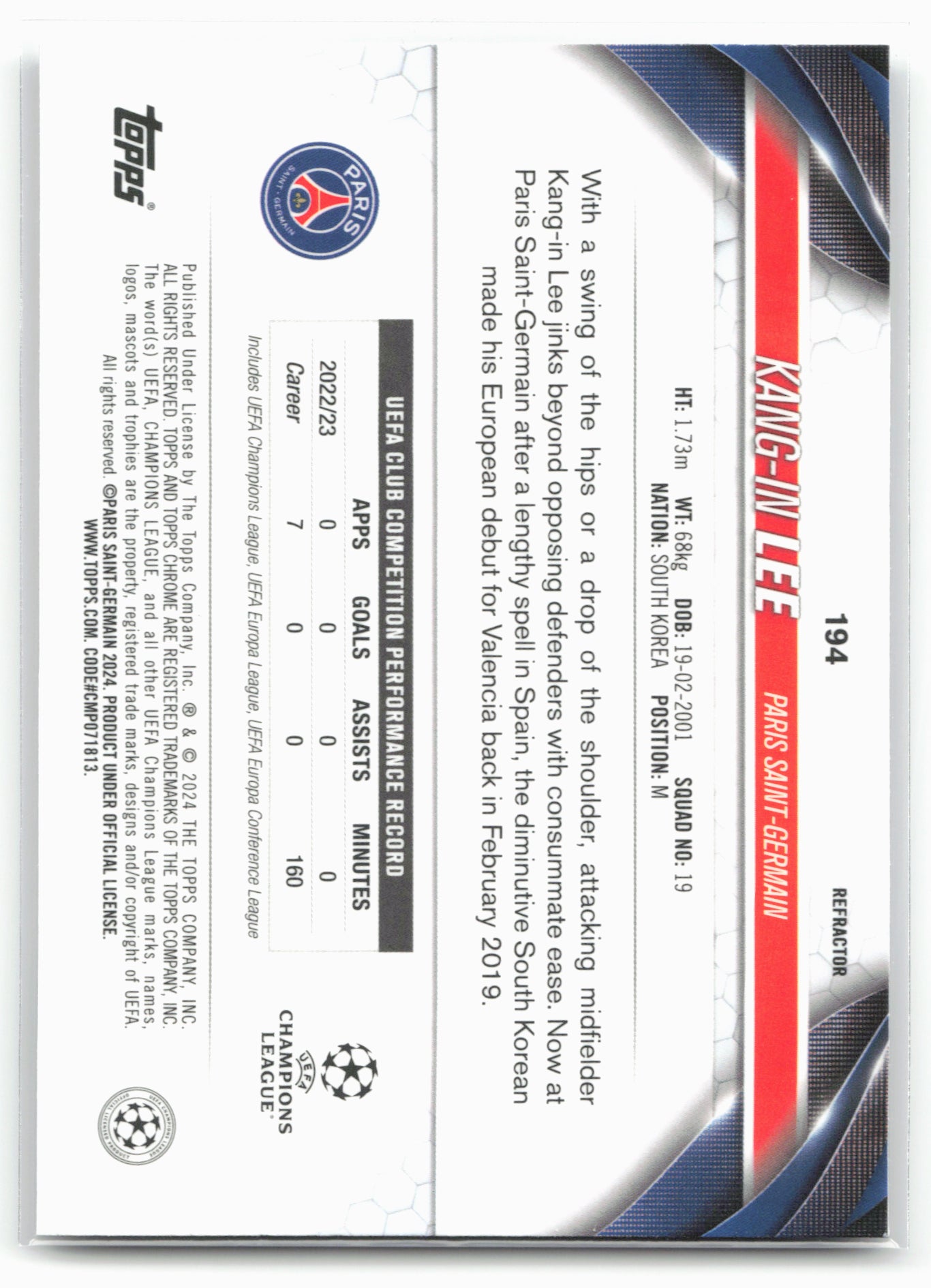 2023-24 Topps Chrome UEFA Club Competitions #194 Kang-in Lee Refractor