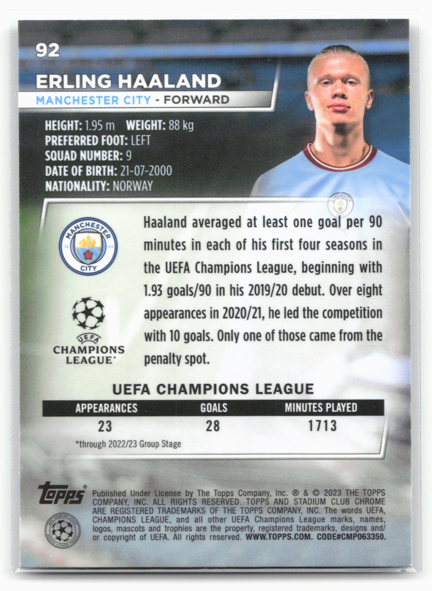 2022-23 Stadium Club Chrome UEFA Club Competitions #92 Erling Haaland