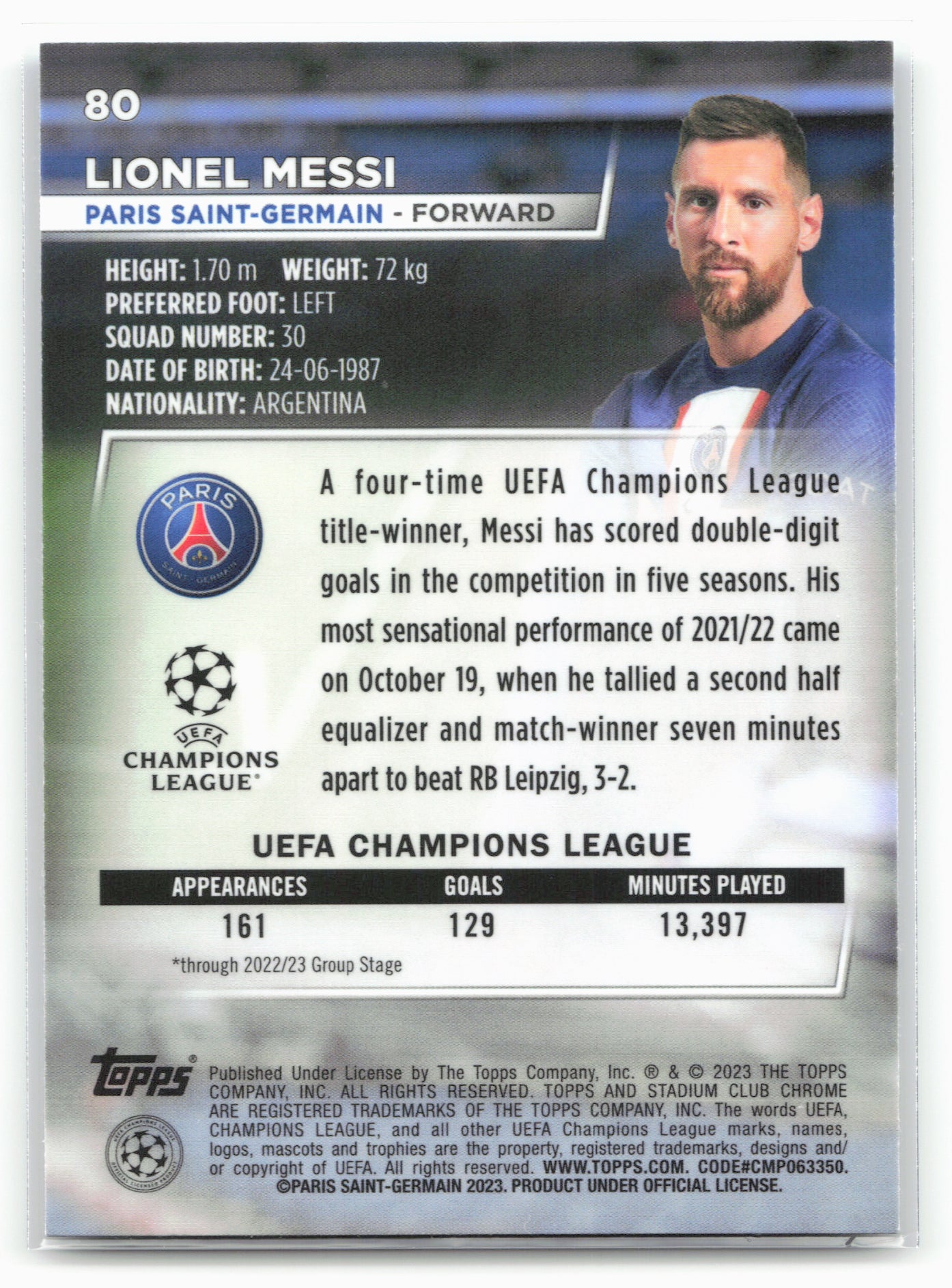 2022-23 Stadium Club Chrome UEFA Club Competitions #80 Lionel Messi