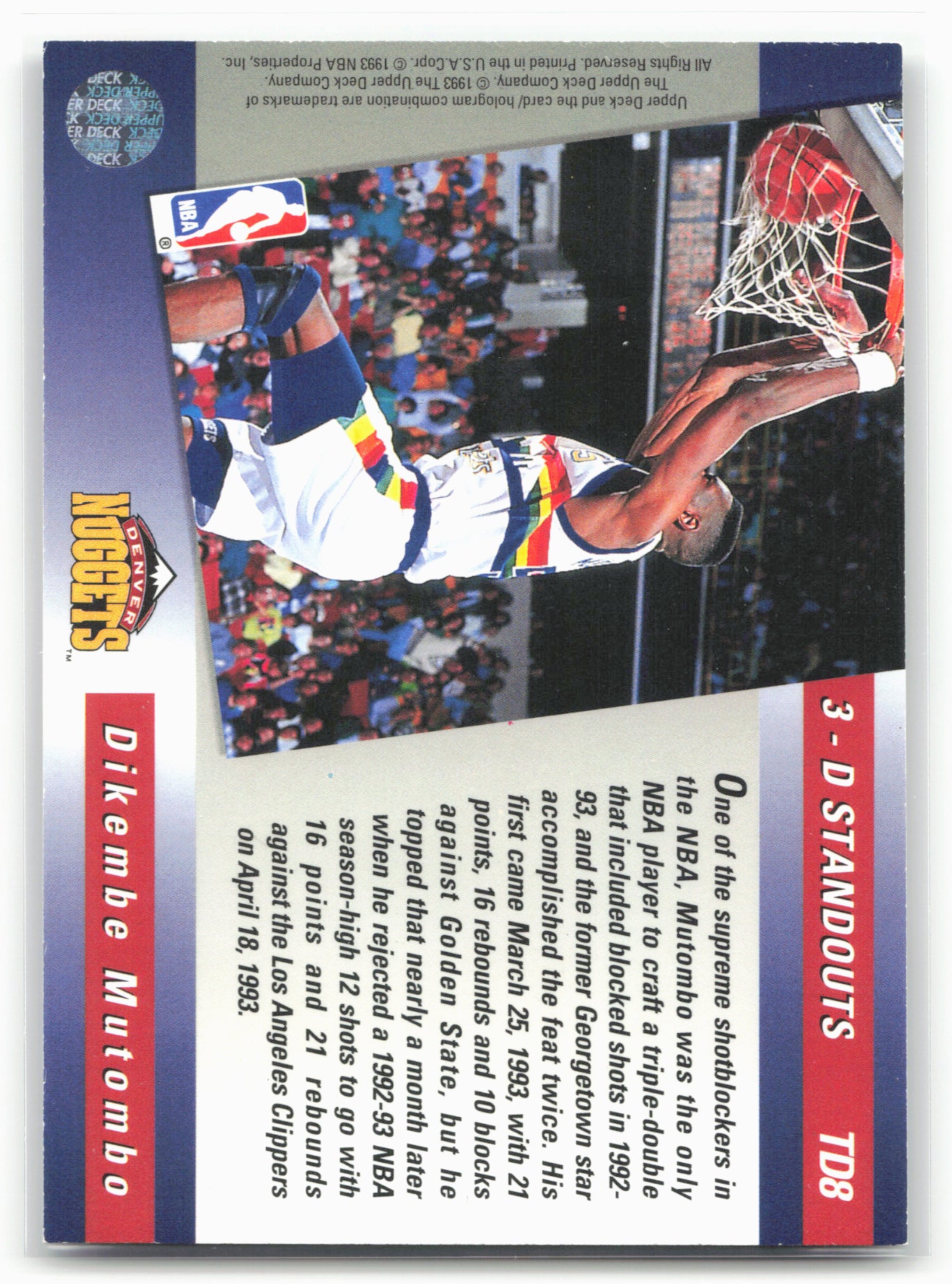 1993-94 Upper Deck #TD8 Dikembe Mutombo Triple Double 3-D Standouts