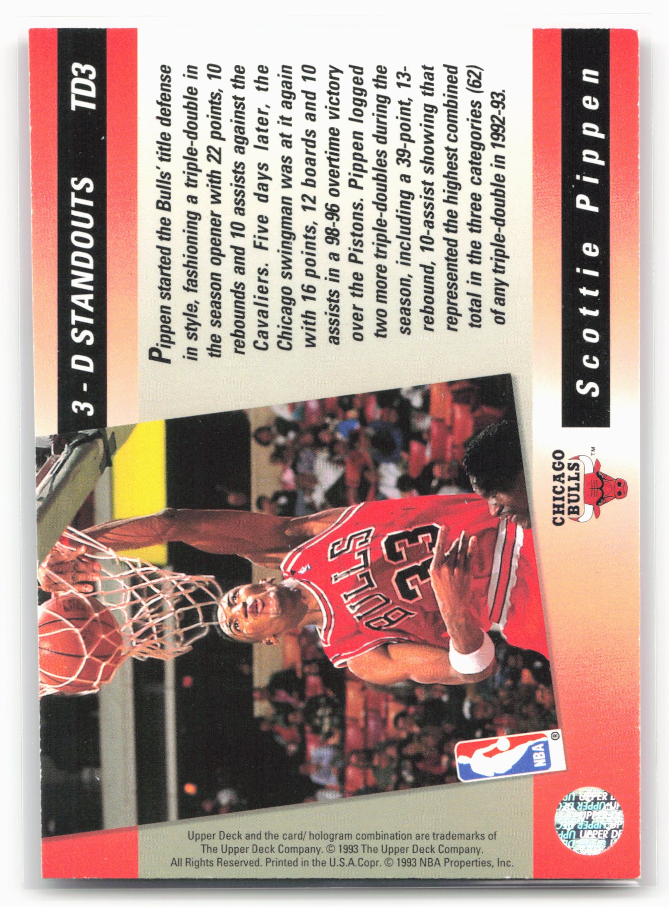 1993-94 Upper Deck #TD3 Scottie Pippen Triple Double 3-D Standouts