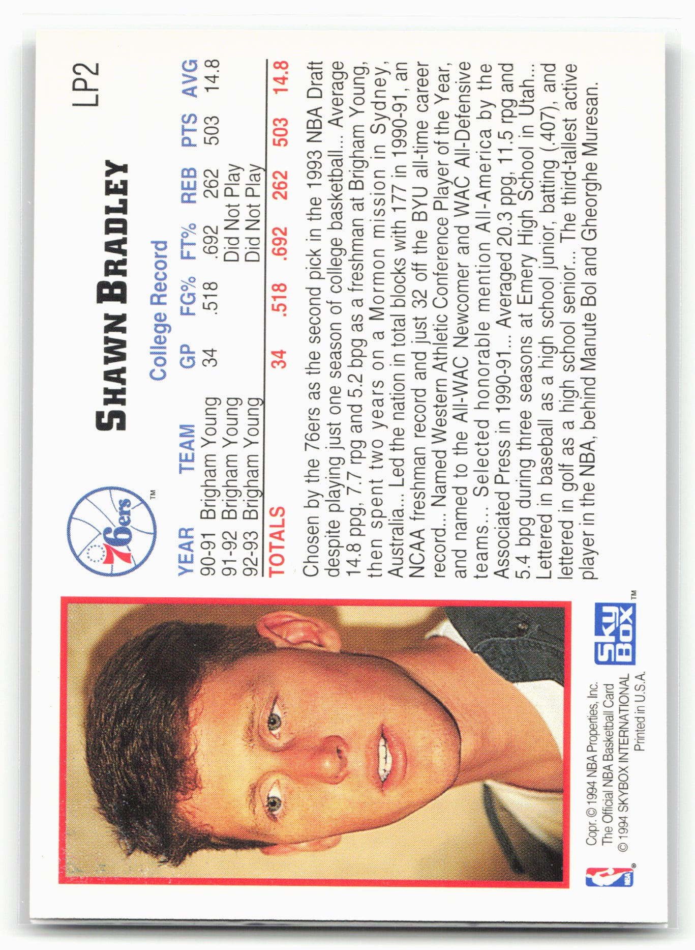 1993-94 Hoops #LP2 Shawn Bradley 1993 NBA Draft Lottery Pick Exchange