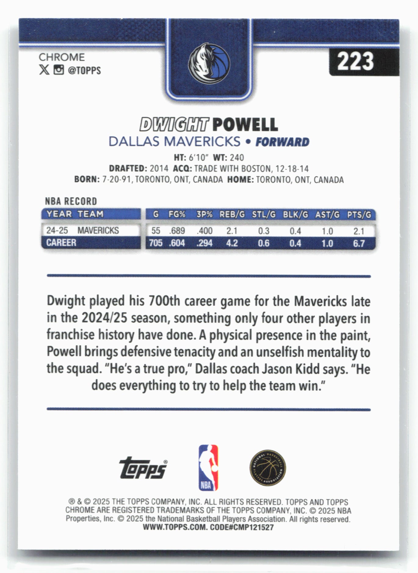 2025-26 Topps Chrome #223 Dwight Powell RayWave Refractor 26279