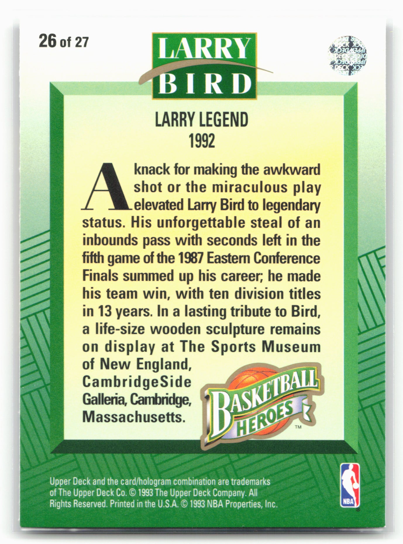 1992-93 Upper Deck #26 Larry Bird Basketball Heroes: Larry Bird