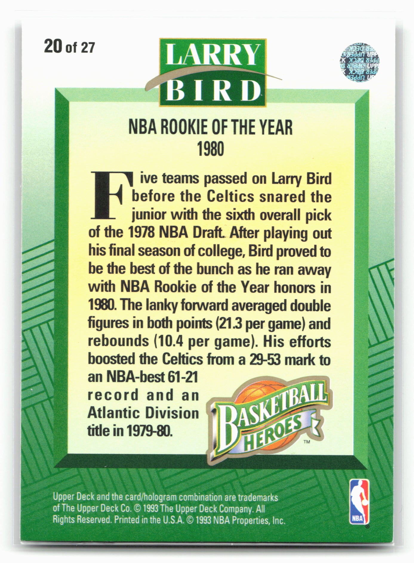 1992-93 Upper Deck #20 Larry Bird Basketball Heroes: Larry Bird