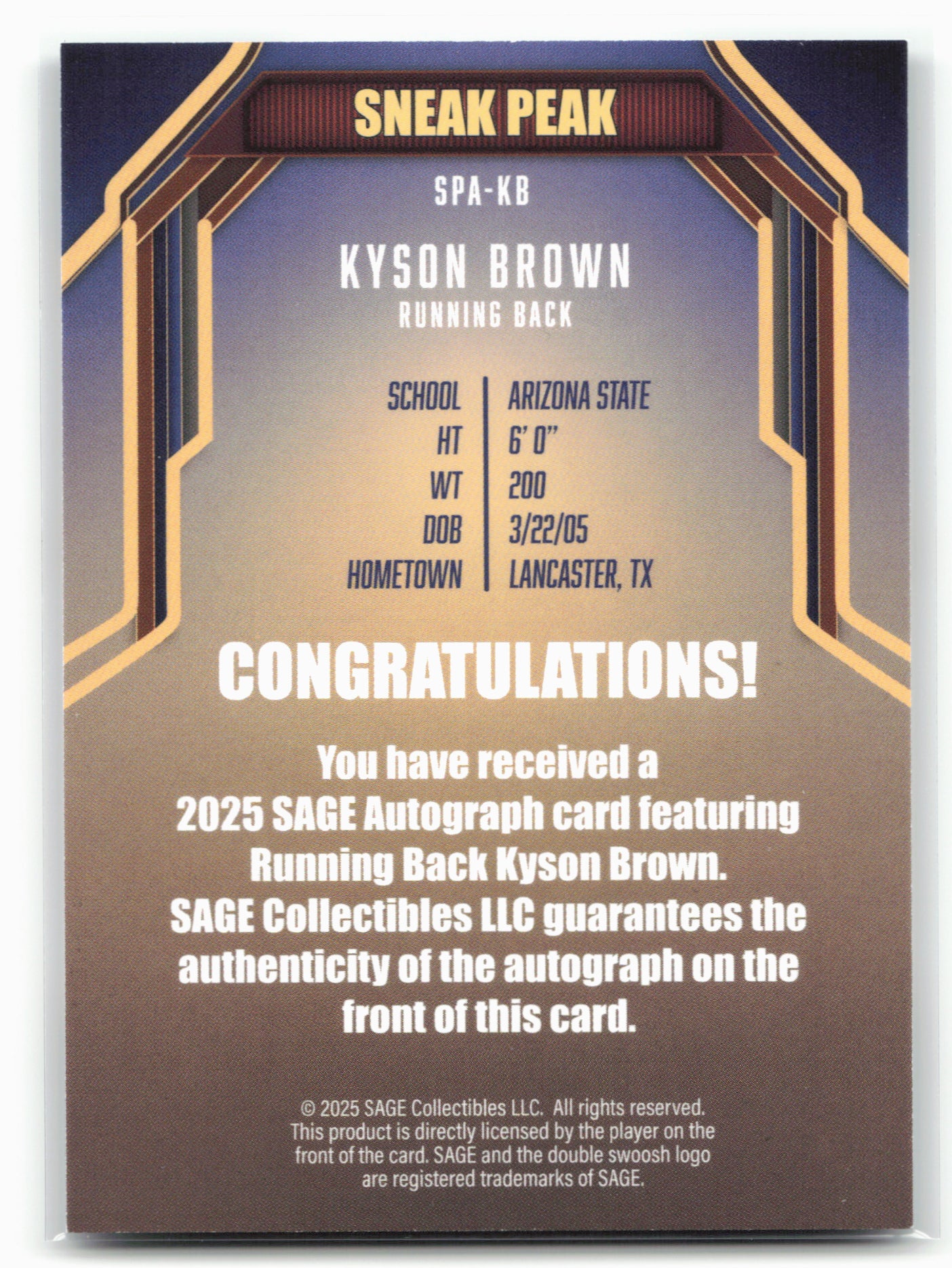 2026 SAGE #SPA-KB Kyson Brown Sneak Peek Autographs Blue