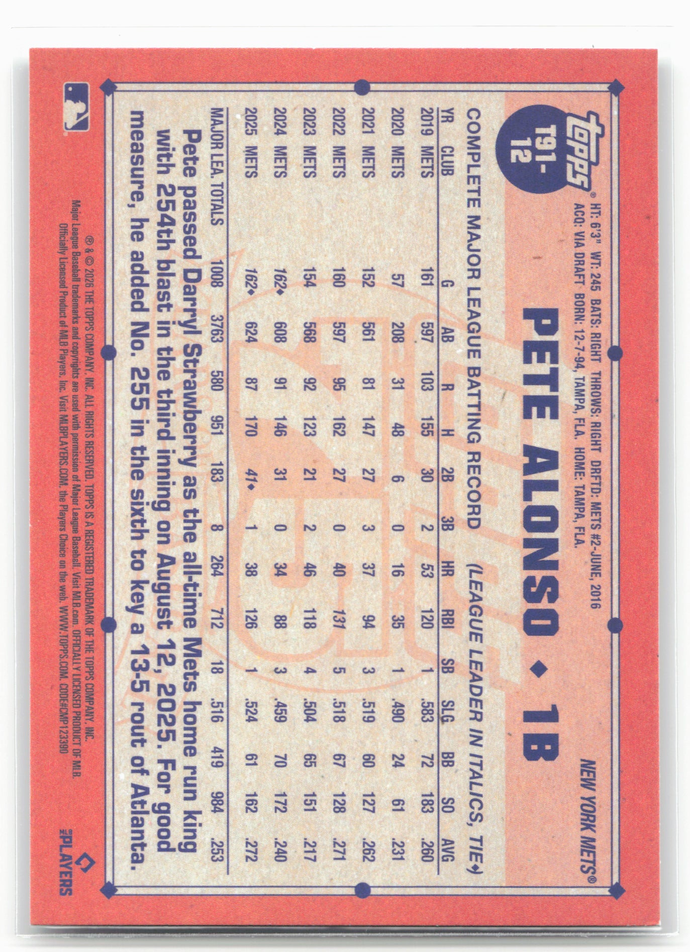 2026 Topps #T91-12 Pete Alonso 1991 Topps Baseball 35th Anniversary (Series One)