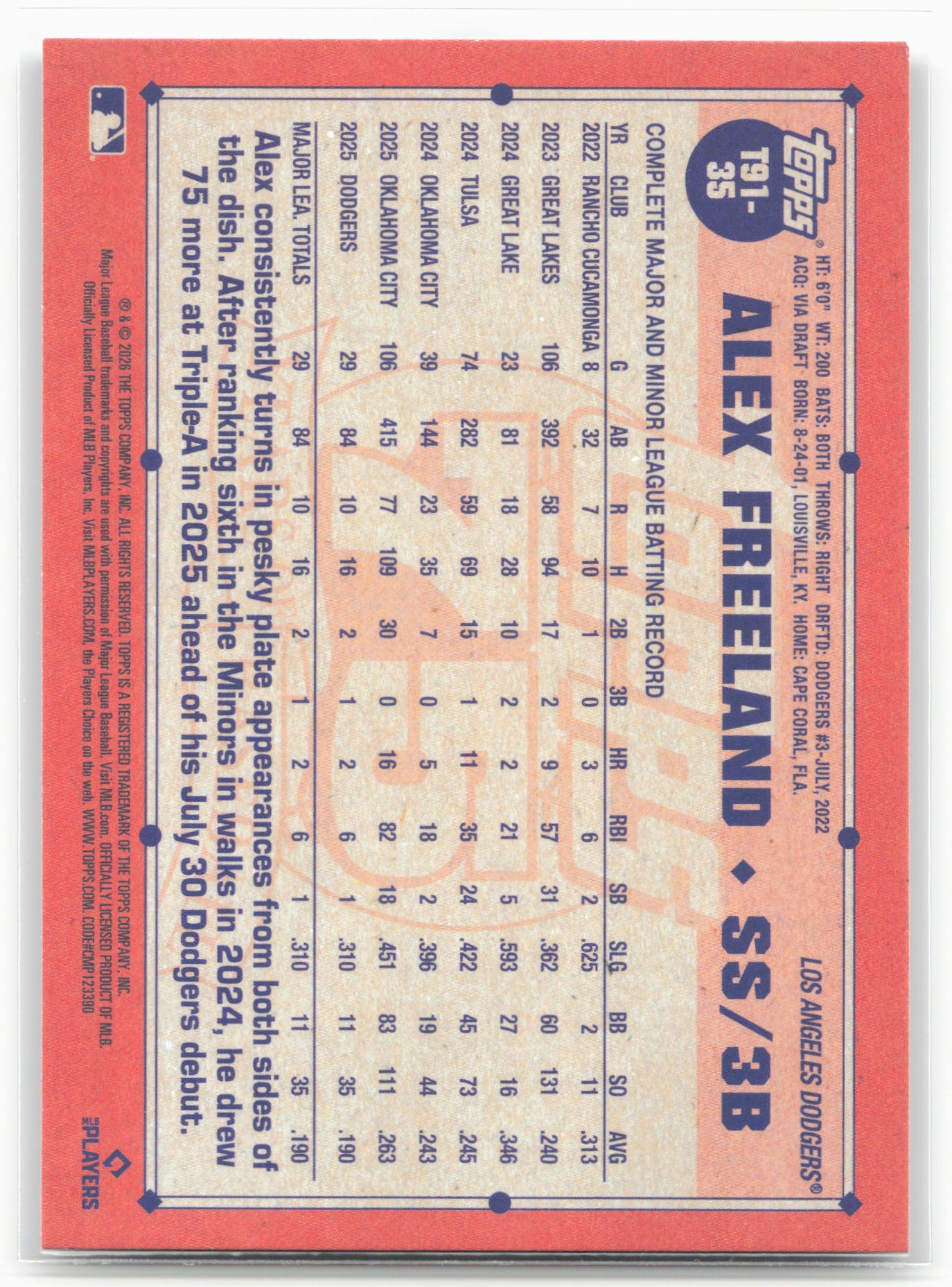 2026 Topps #T91-35 Alex Freeland 1991 Topps Baseball 35th Anniversary