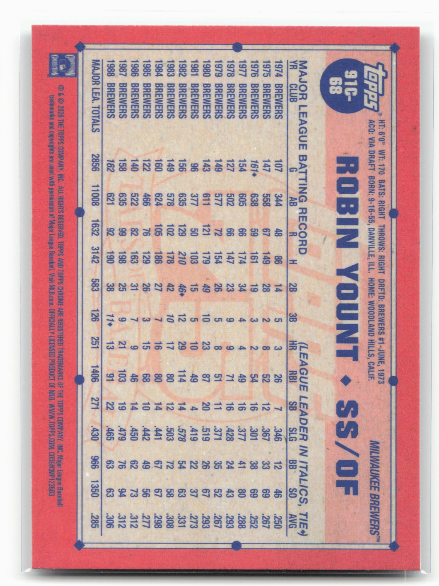 2026 Topps #91C-68 Robin Yount 1991 Topps Baseball 35th Anniversary Chrome