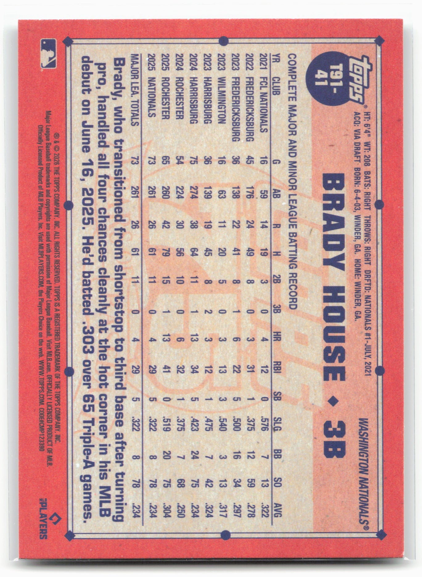 2026 Topps #T91-41 Brady House 1991 Topps Baseball 35th Anniversary