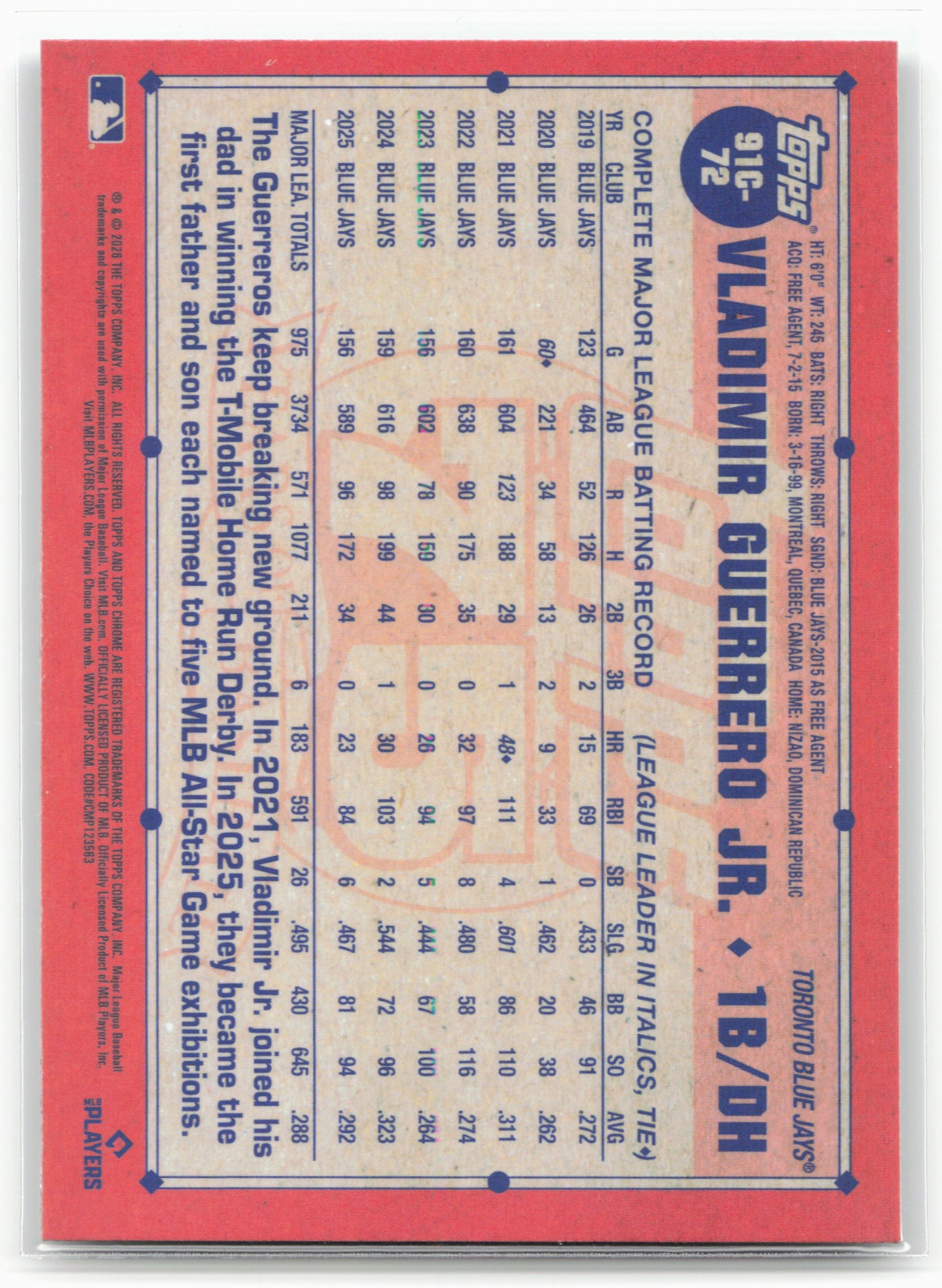 2026 Topps #91C-72 Vladimir Guerrero Jr. 1991 Topps 35th Anniversary Chrome