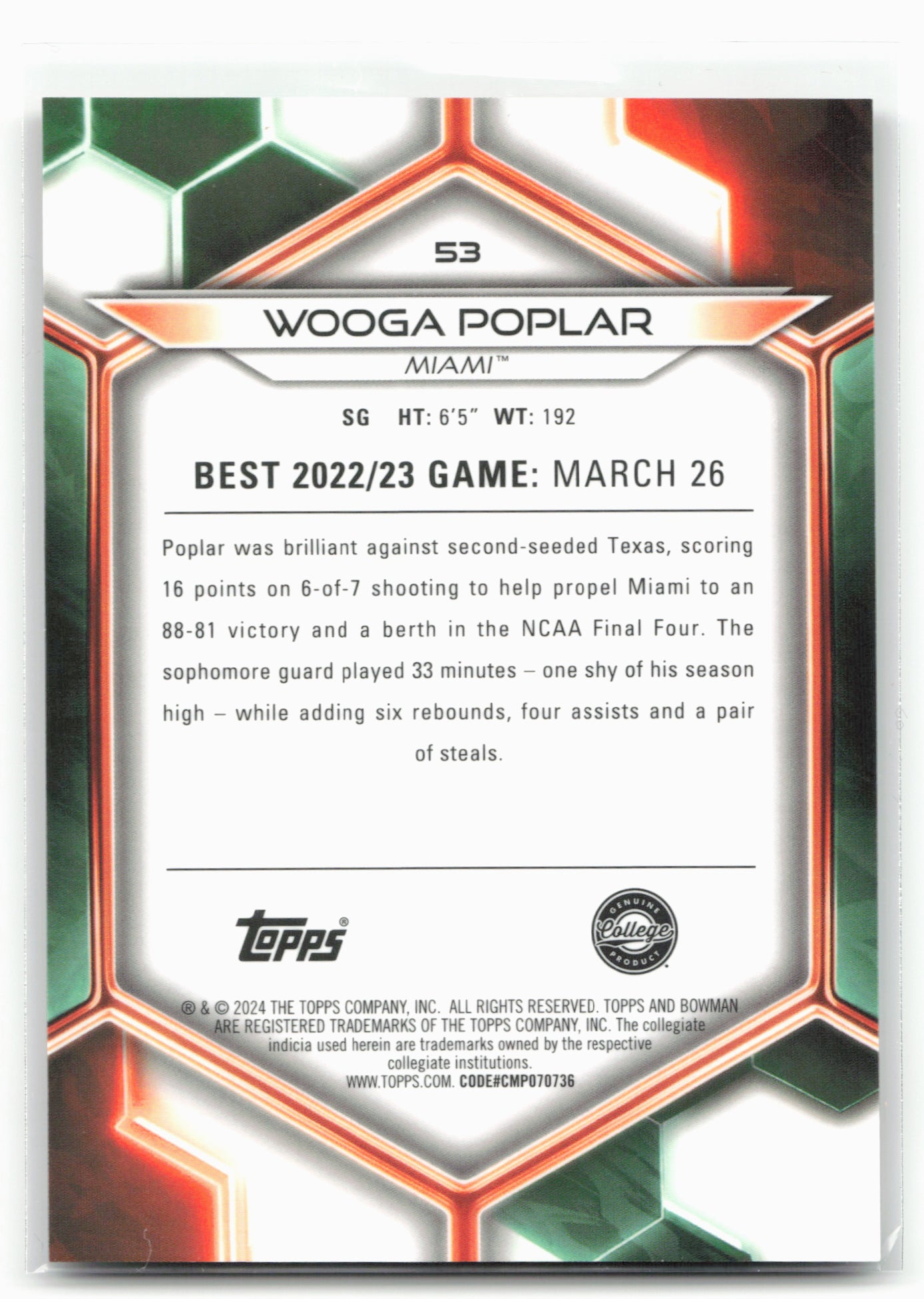 2023-24 Bowman University Best #53 Wooga Poplar Gold Refractor #/50
