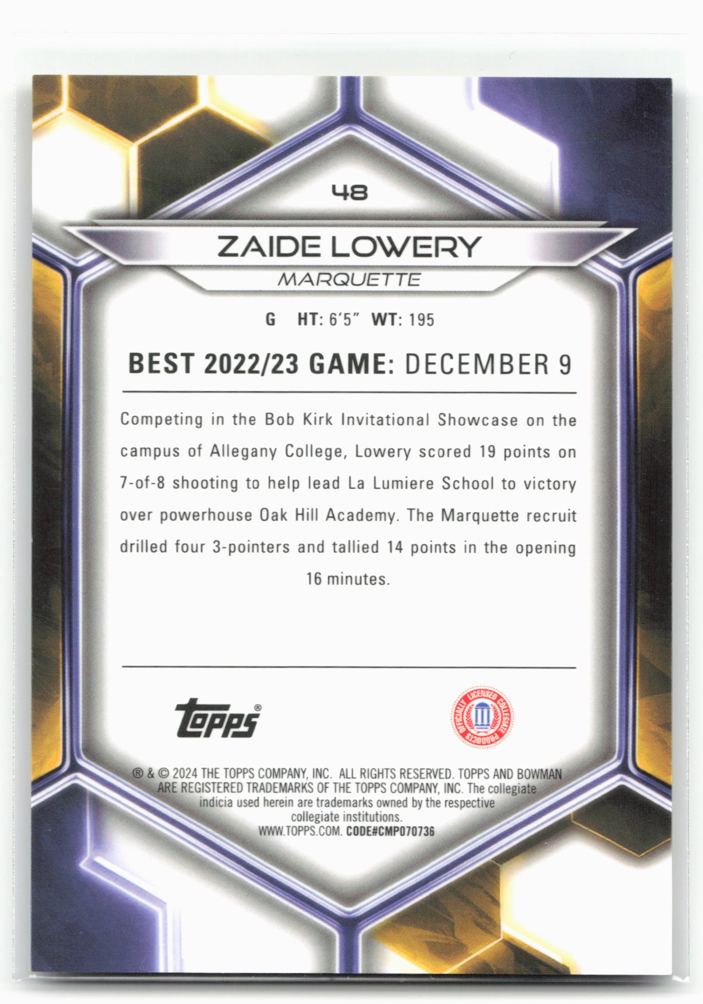 2023-24 Bowman University Best #48 Zaide Lowery Yellow Refractor #/75