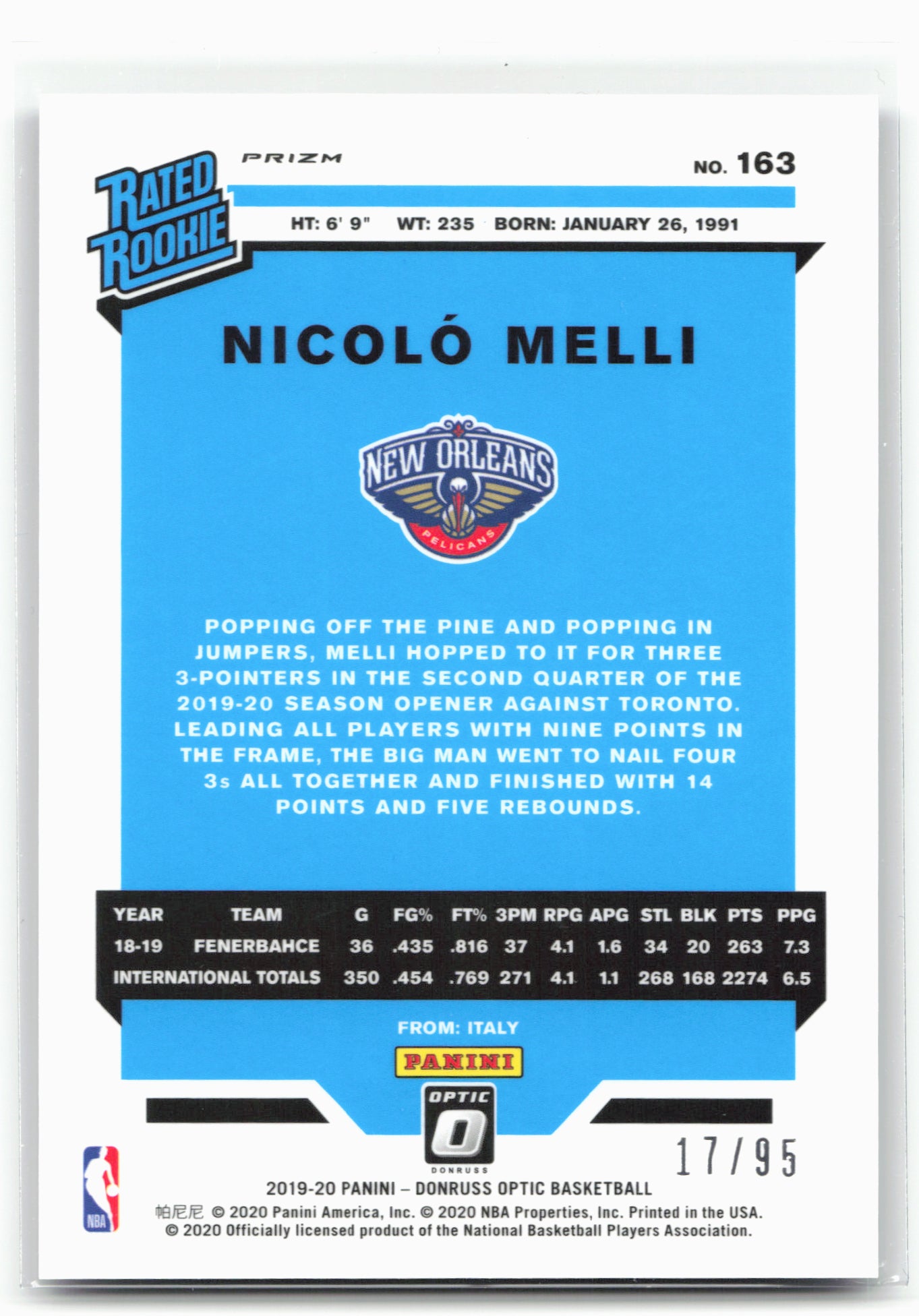 2019-20 Donruss Optic #163 Nicolo Melli Fast Break Purple #/95