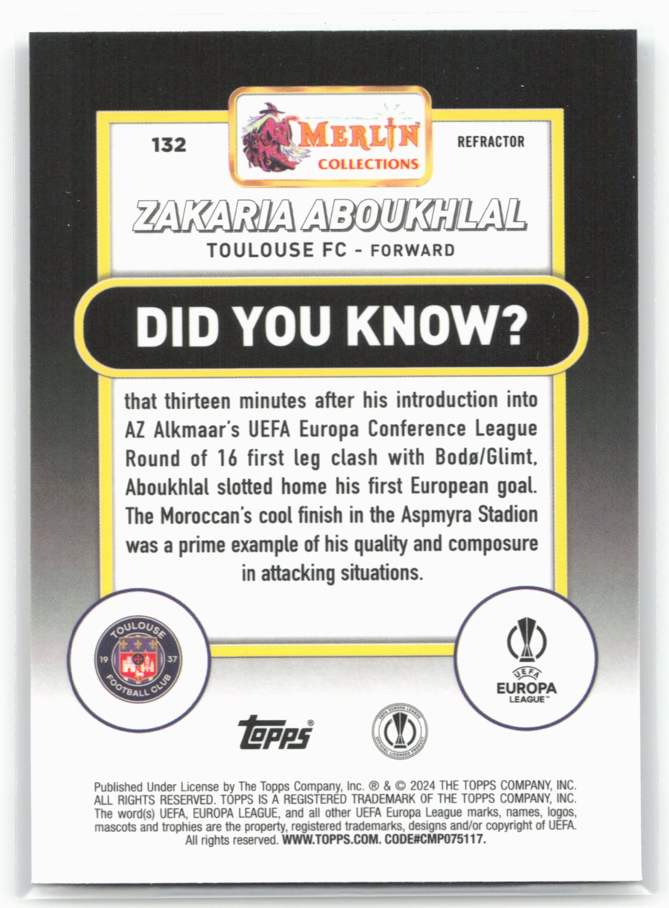 2023-24 Merlin UEFA Club Competitions #132 Zakaria Aboukhlal Refractor