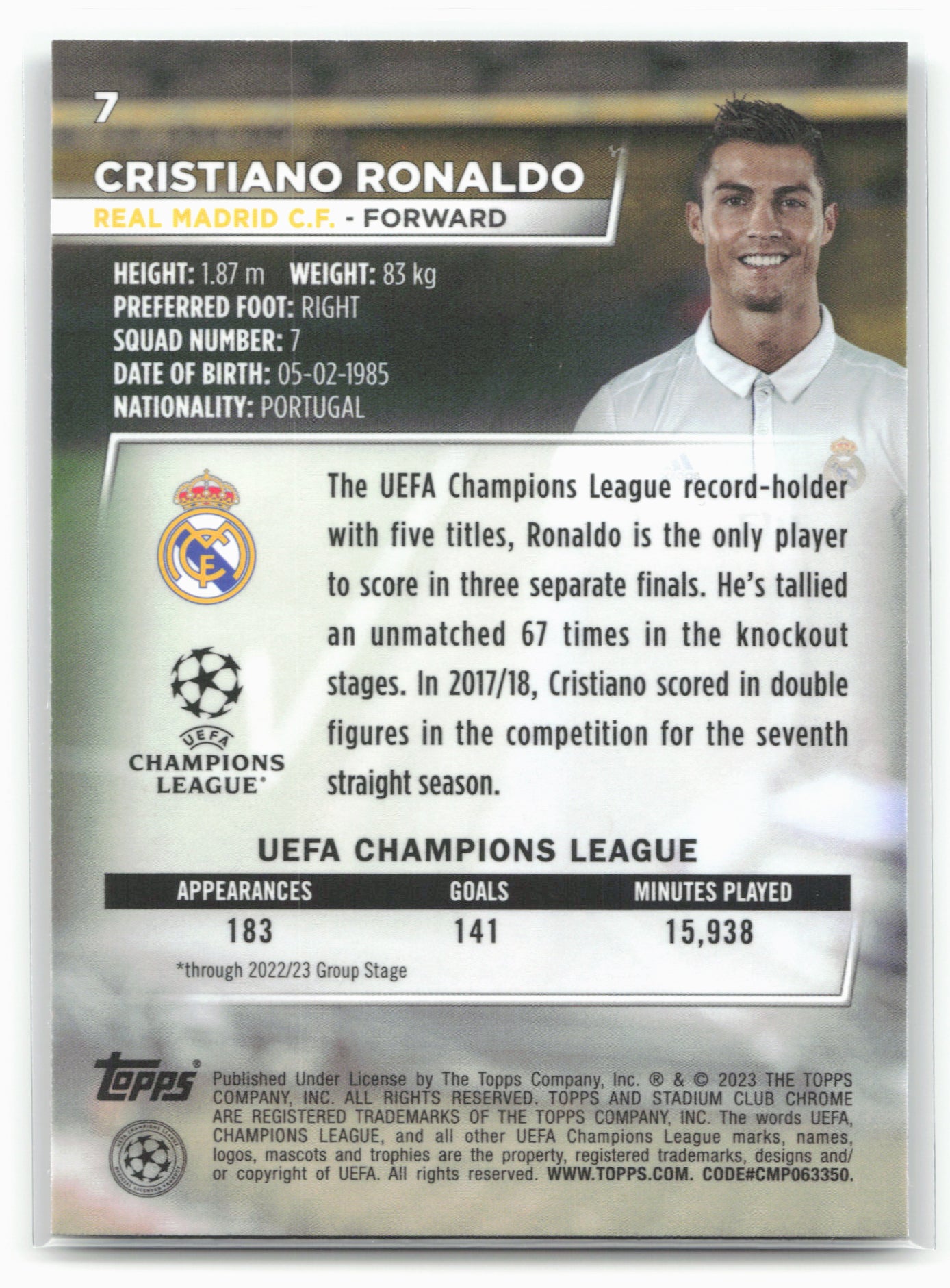 2022-23 Stadium Club Chrome UEFA Club Competitions #7 Cristiano Ronaldo 27443