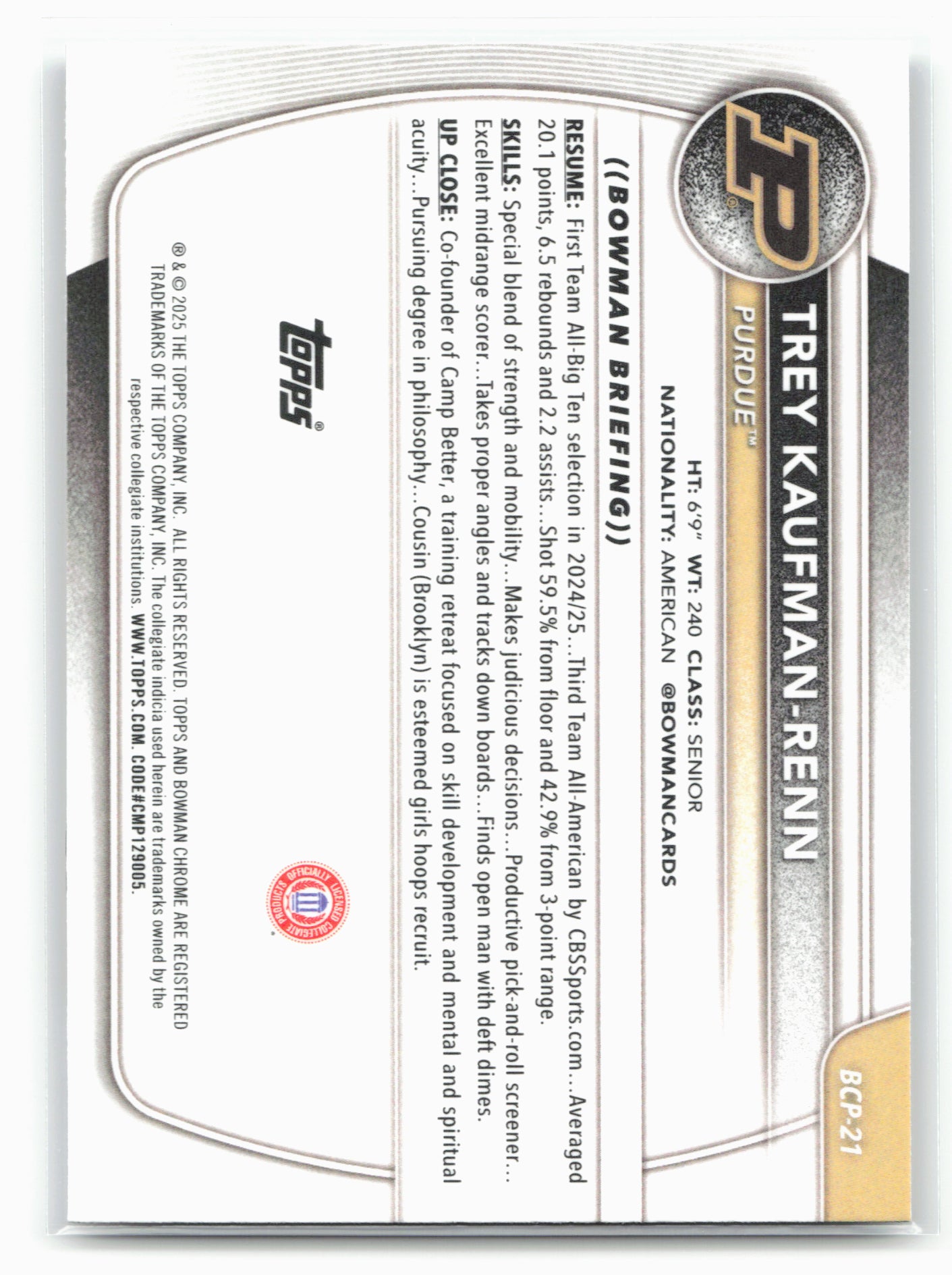 2025-26 Bowman #BCP-21 Trey Kaufman-Renn Chrome Prospects
