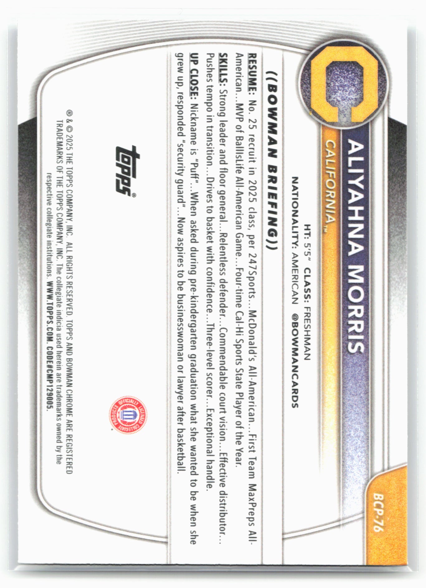 2025-26 Bowman #BCP-76 Aliyahna Morris Chrome Prospects