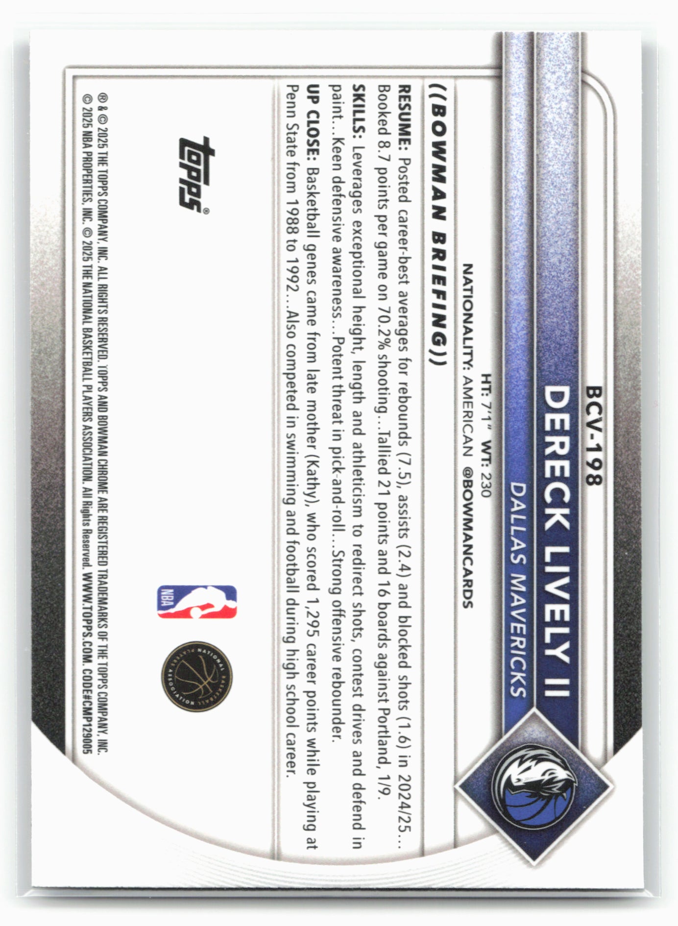2025-26 Bowman #BCV-198 Dereck Lively II Chrome Reptilian Refractor