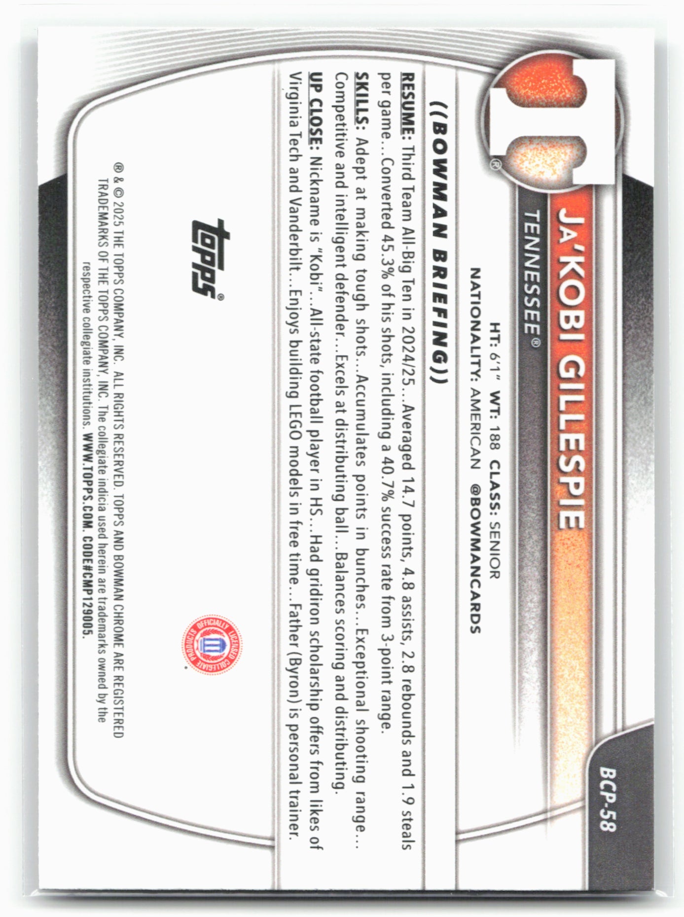 2025-26 Bowman #BCP-58 Ja'Kobi Gillespie Chrome Prospects Reptilian Refractor