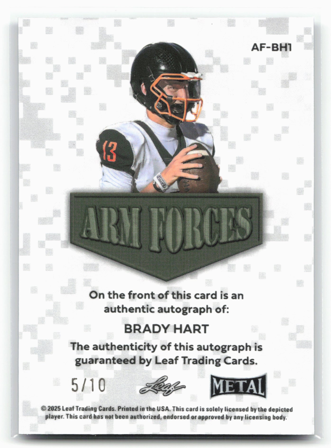 2025 Leaf Metal #AF-BH1 Brady Hart Arm Forces Prismatic Purple #/10