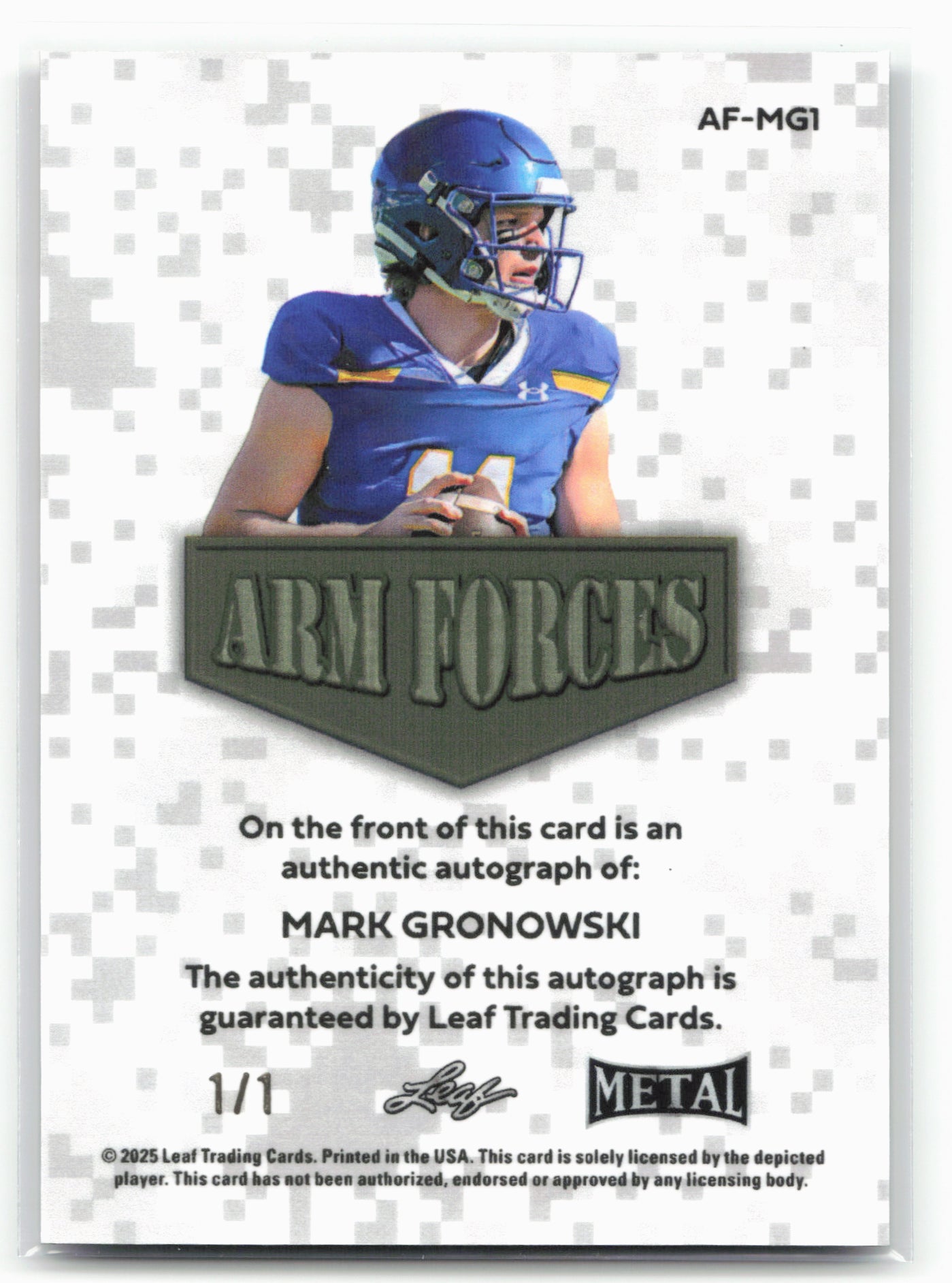2025 Leaf Metal #AF-MG1 Mark Gronowski Arm Forces Red Flood #/1