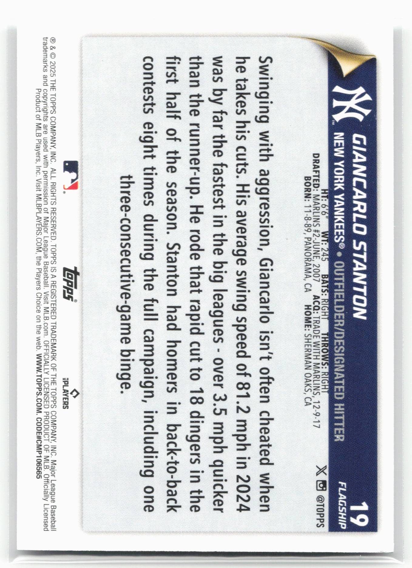 2025 Topps #19 Giancarlo Stanton Flagship Collection (Series One)