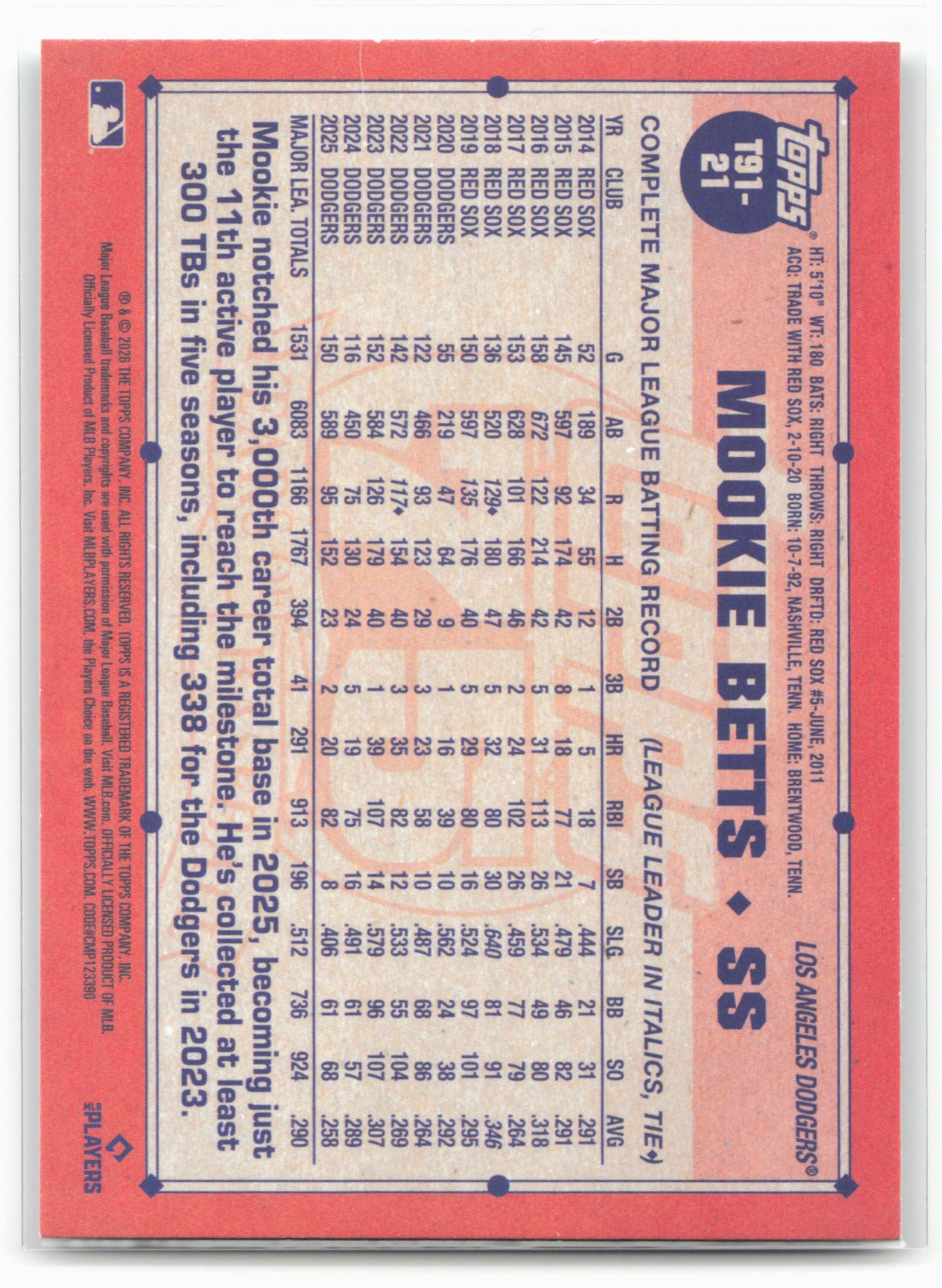 2026 Topps #T91-21 Mookie Betts 1991 Topps Baseball 35th Anniversary