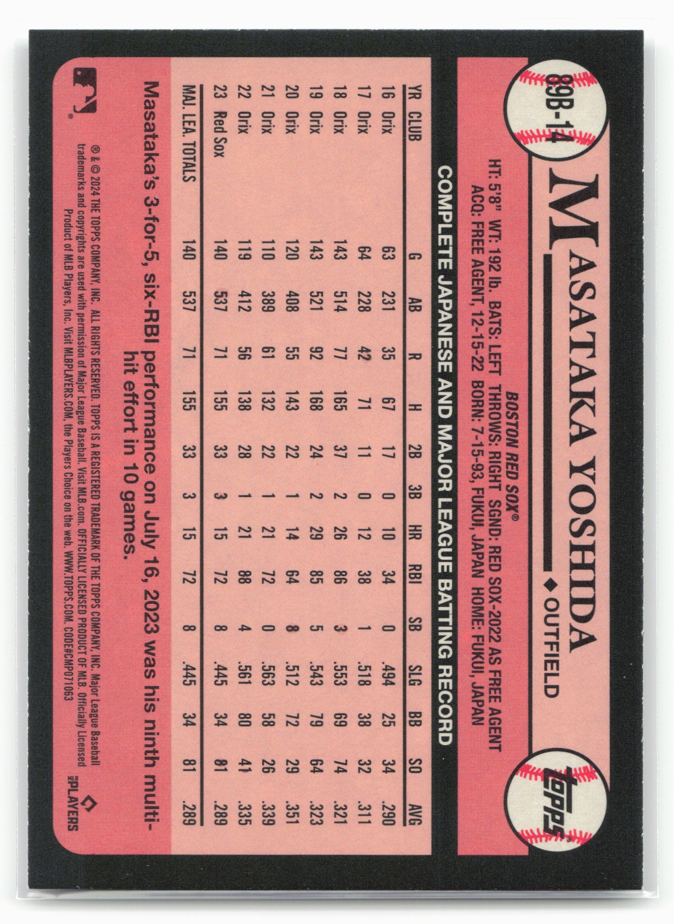 2024 Topps #89B-14 Masataka Yoshida 1989 Topps Baseball 35th Anniversary