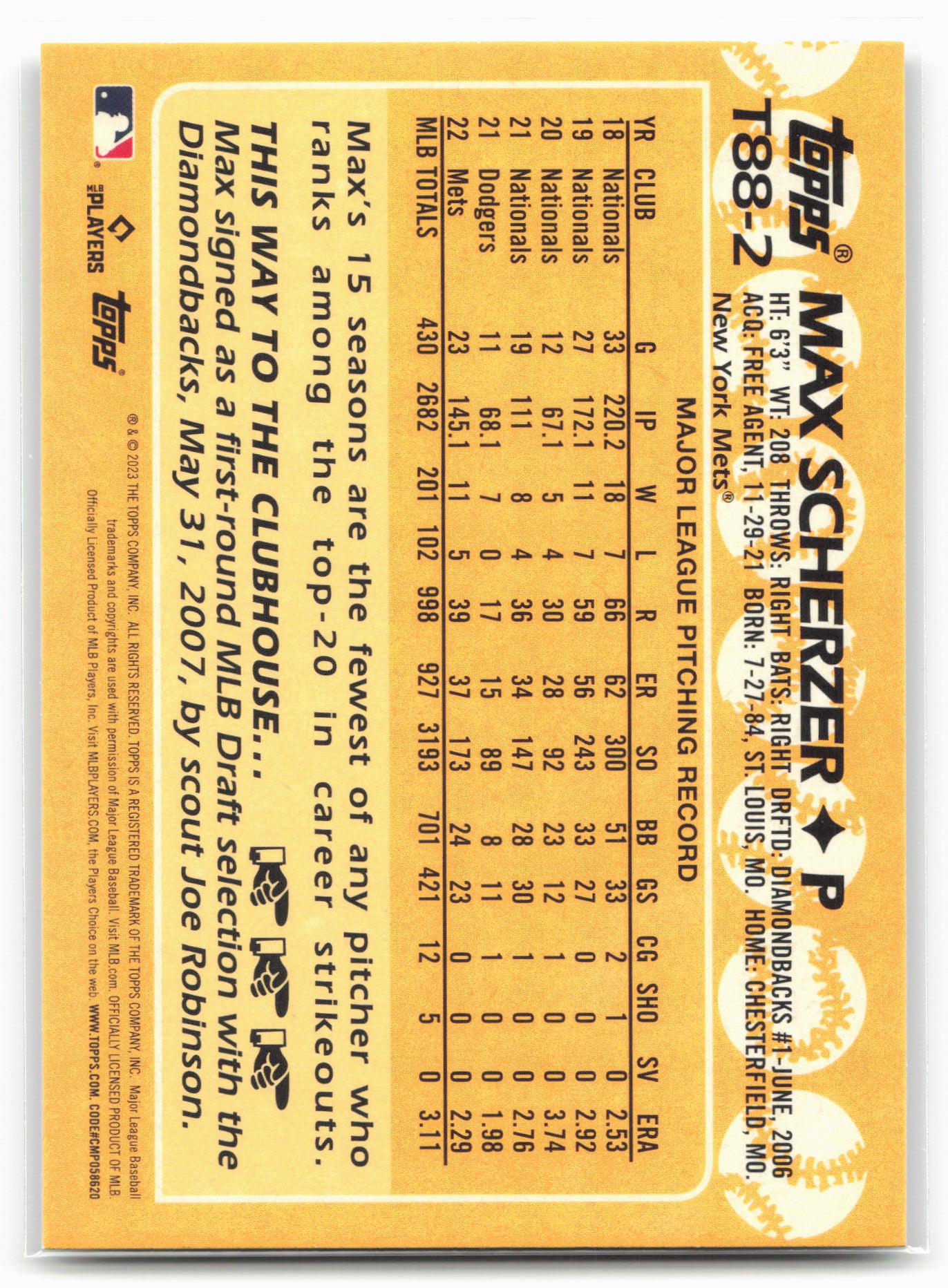 2023 Topps #T88-2 Max Scherzer 1988 Topps Baseball 35th Anniversary (Series One)