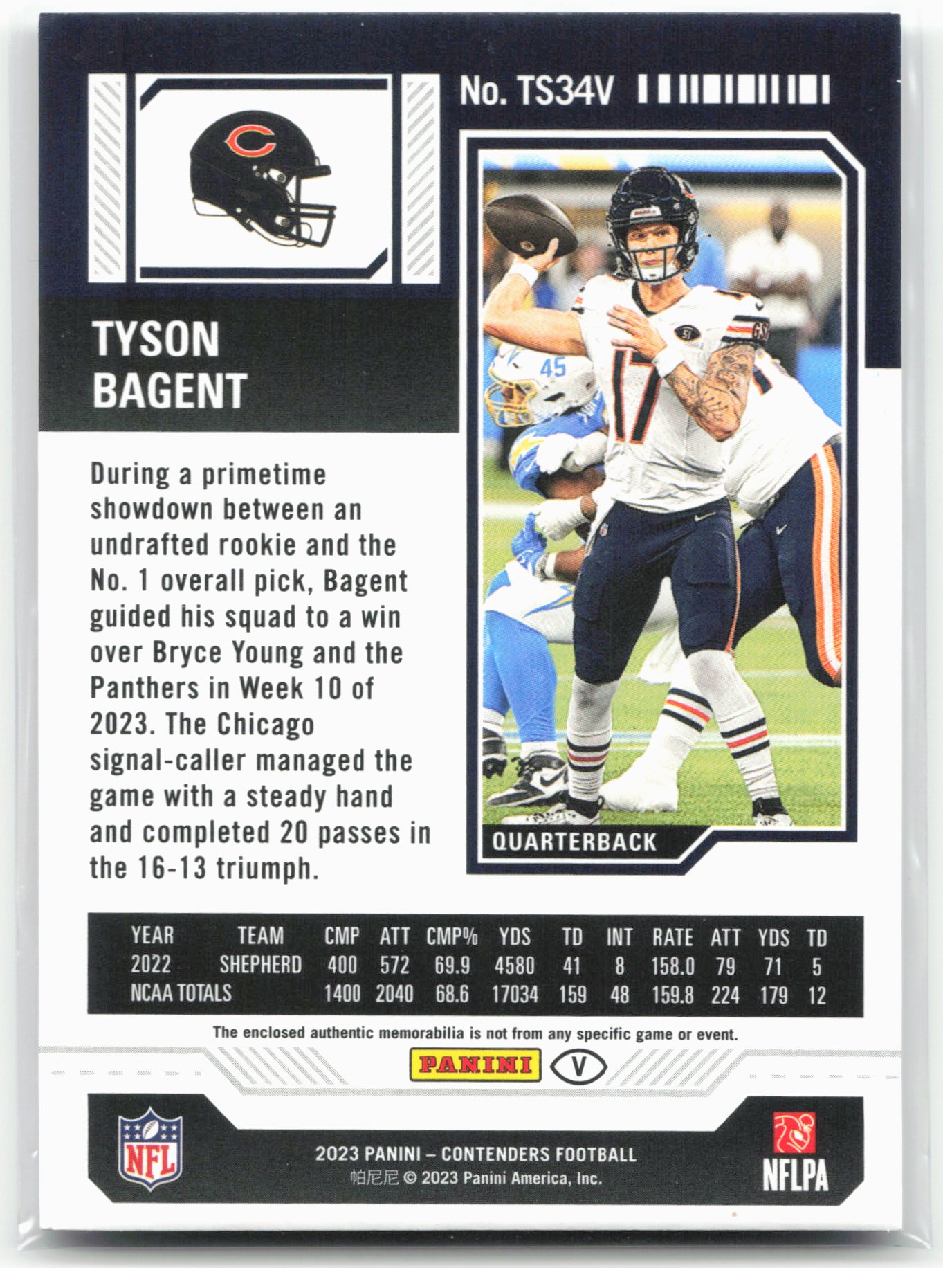 2023 Panini Contenders #TS34V Tyson Bagent Rookie Ticket Swatches Variations