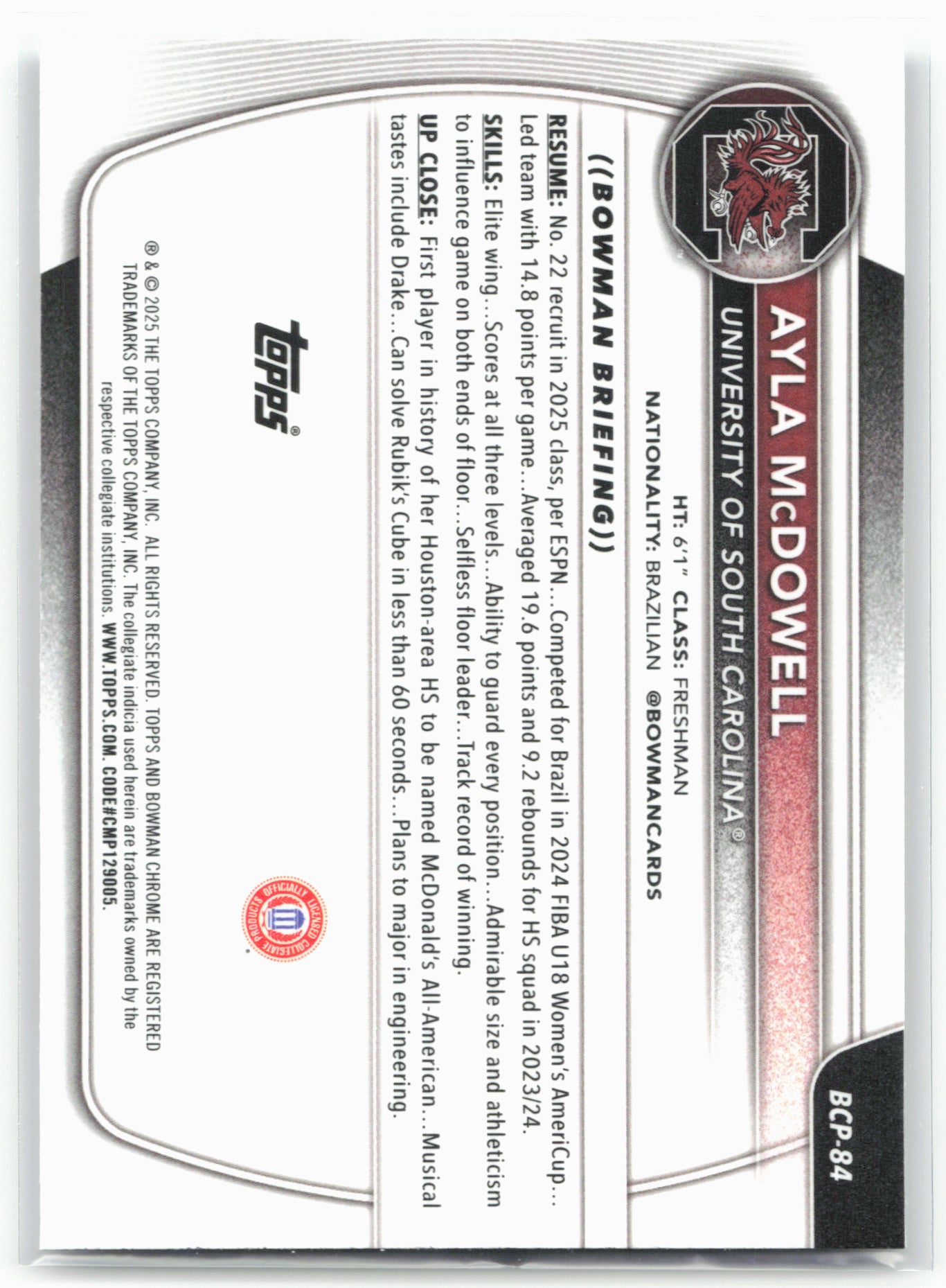 2025-26 Bowman #BCP-84 Ayla McDowell Chrome Prospects Mojo Refractor