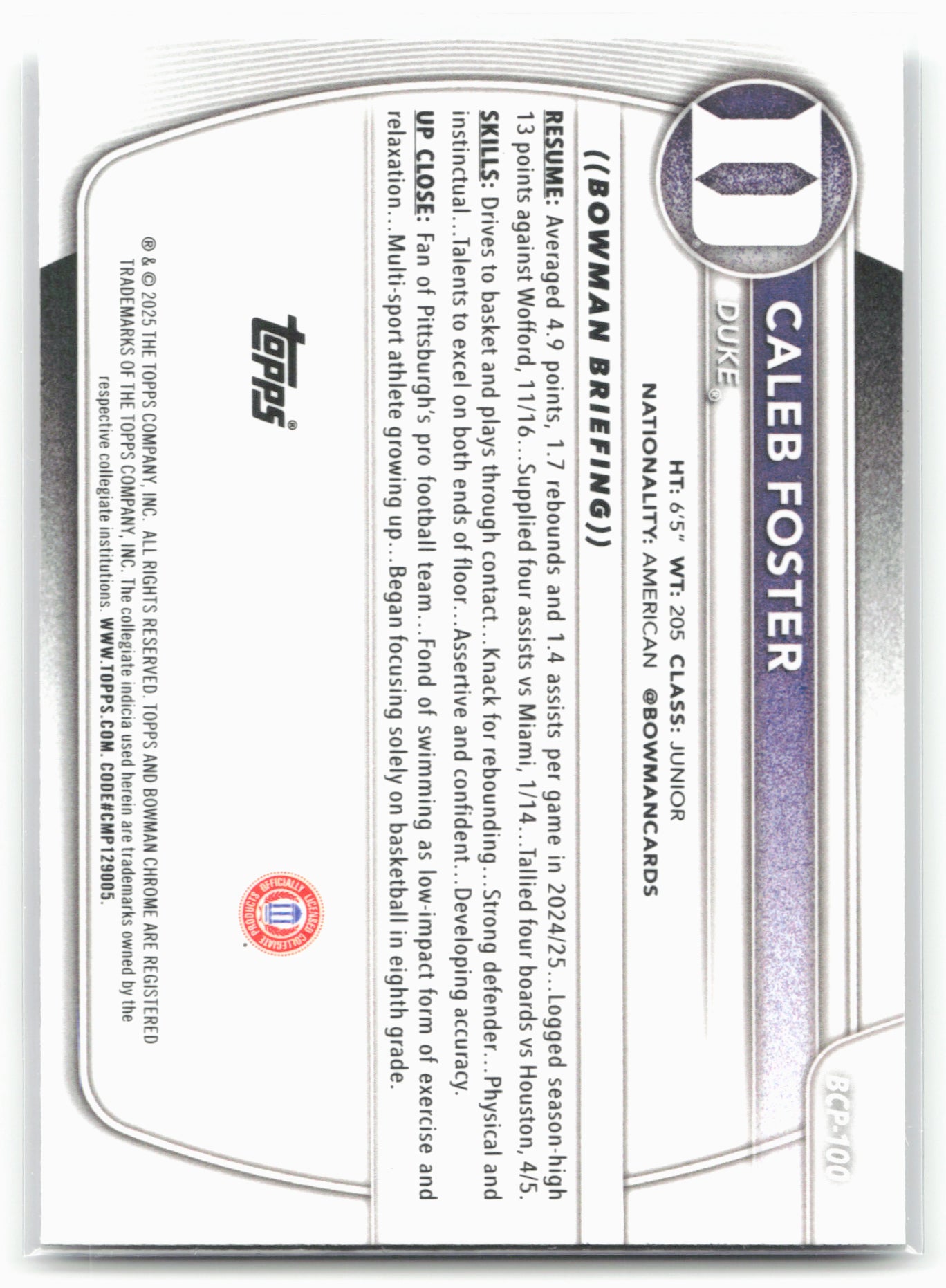 2025-26 Bowman #BCP-100 Caleb Foster Chrome Prospects Mojo Refractor