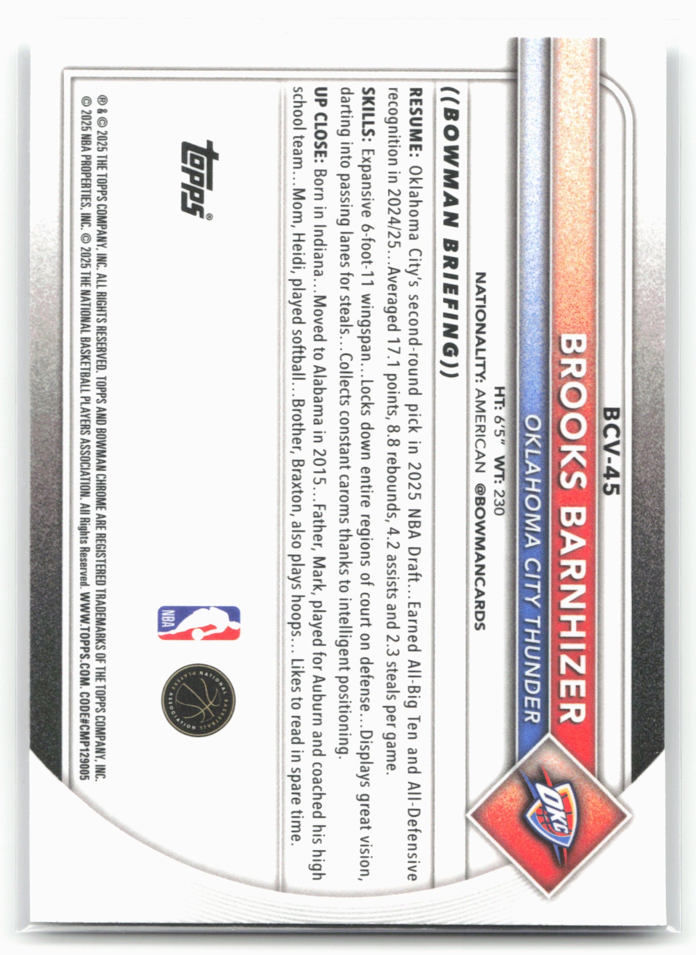 2025-26 Bowman #BCV-45 Brooks Barnhizer Chrome Mojo Refractor