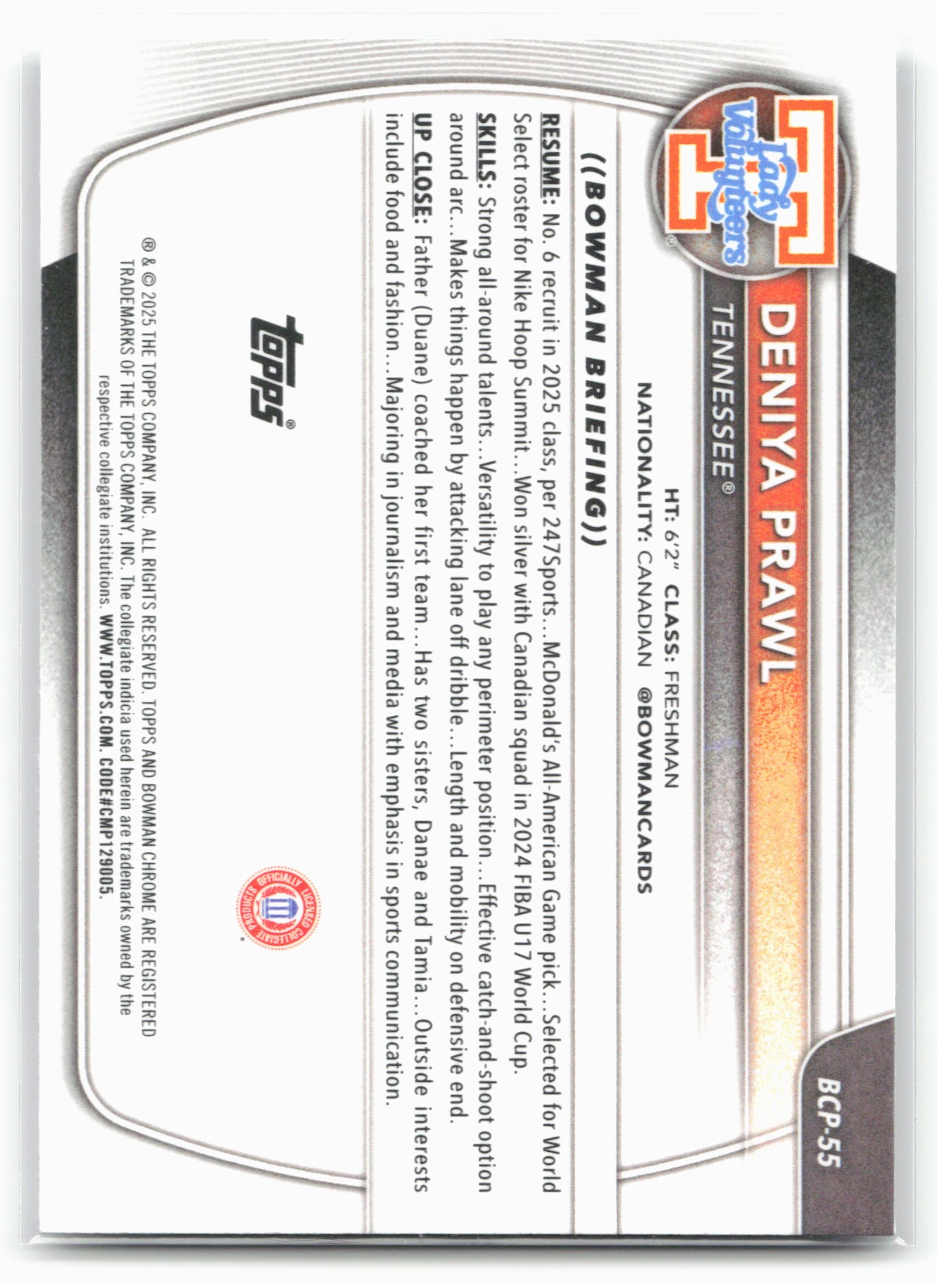 2025-26 Bowman #BCP-55 Deniya Prawl Chrome Prospects Mojo Refractor 28766