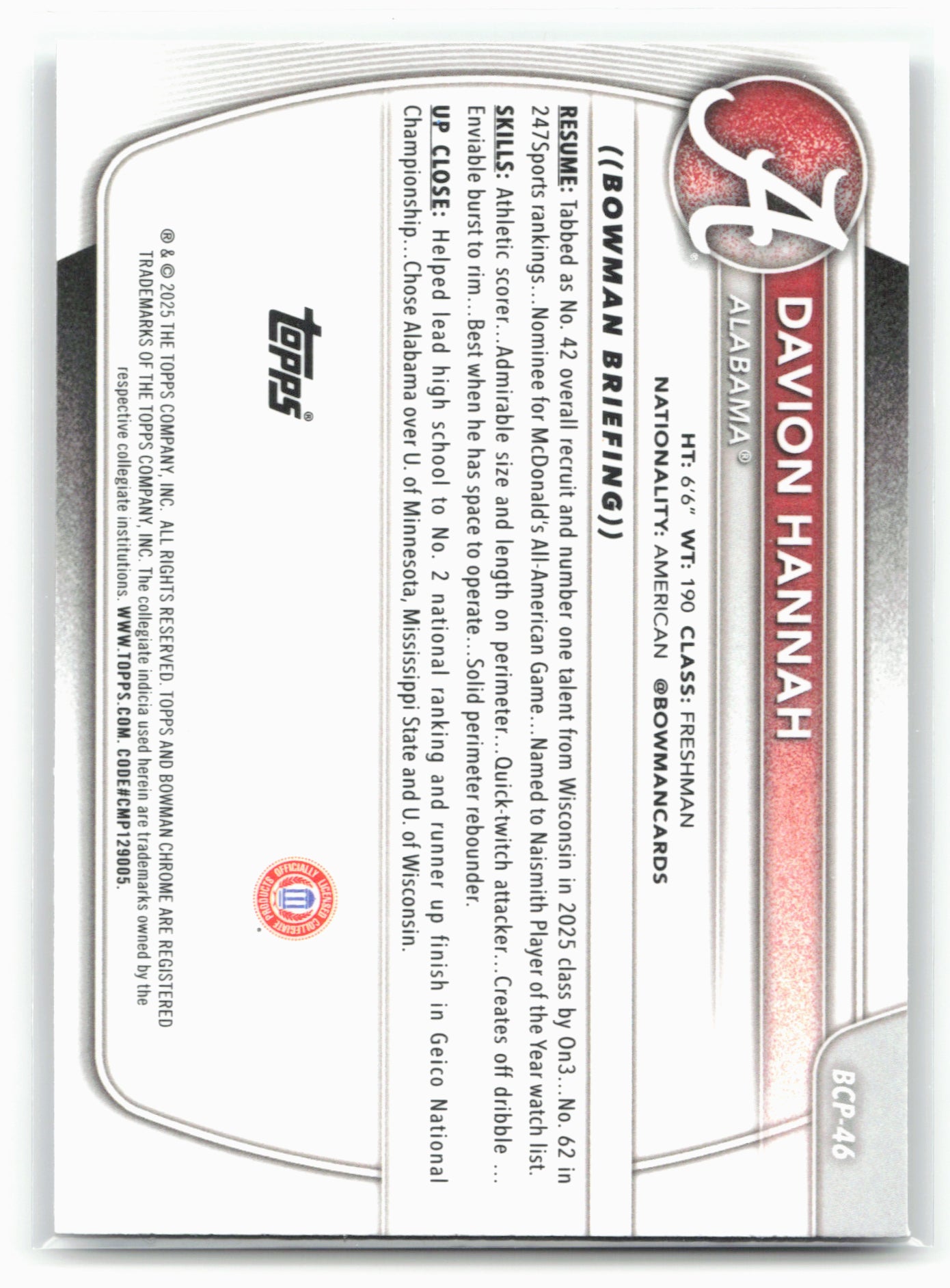 2025-26 Bowman #BCP-46 Davion Hannah Chrome Prospects 28771