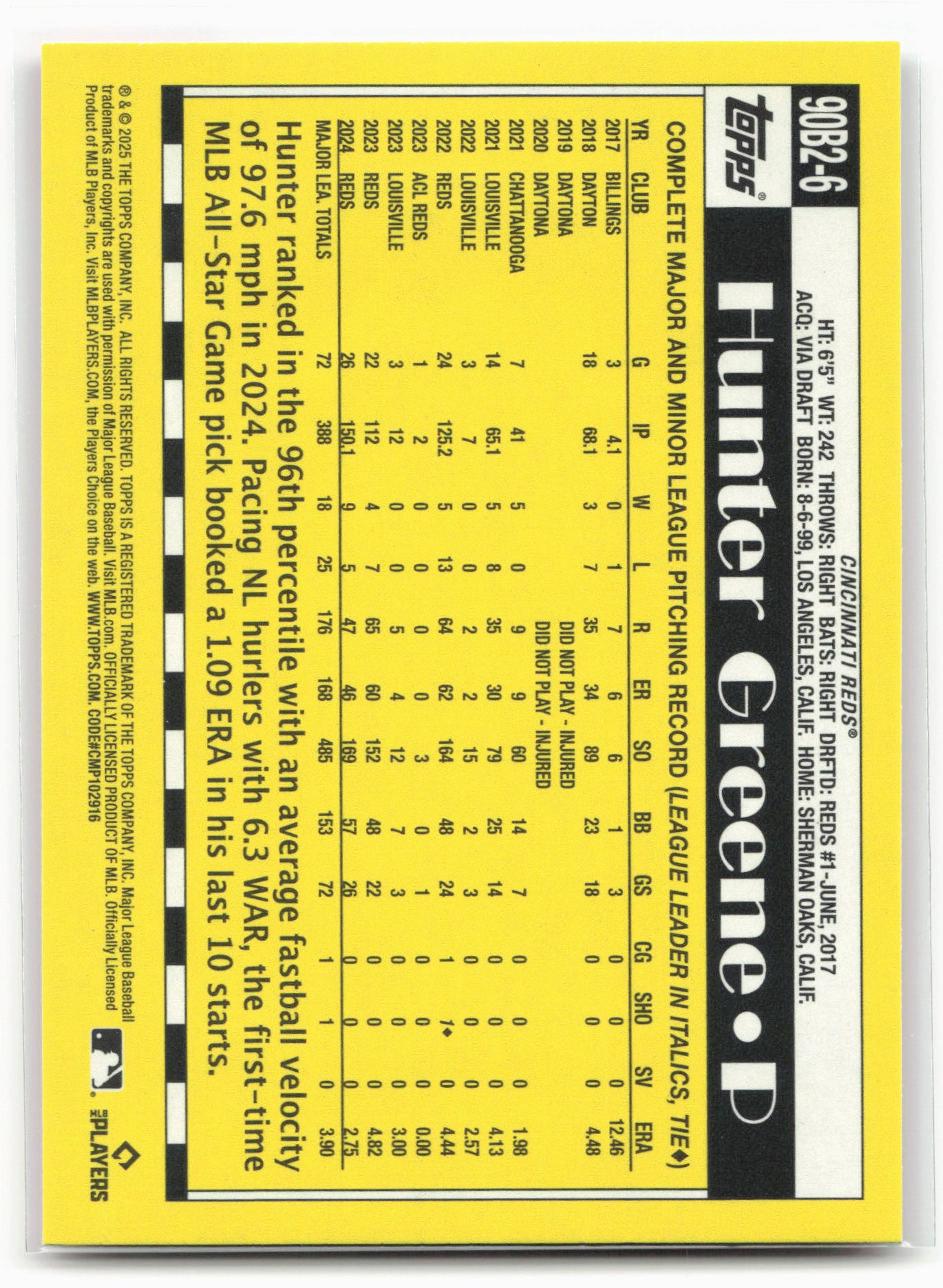 2025 Topps #90B2-6 Hunter Greene 1990 Topps Baseball 35th Anniversary