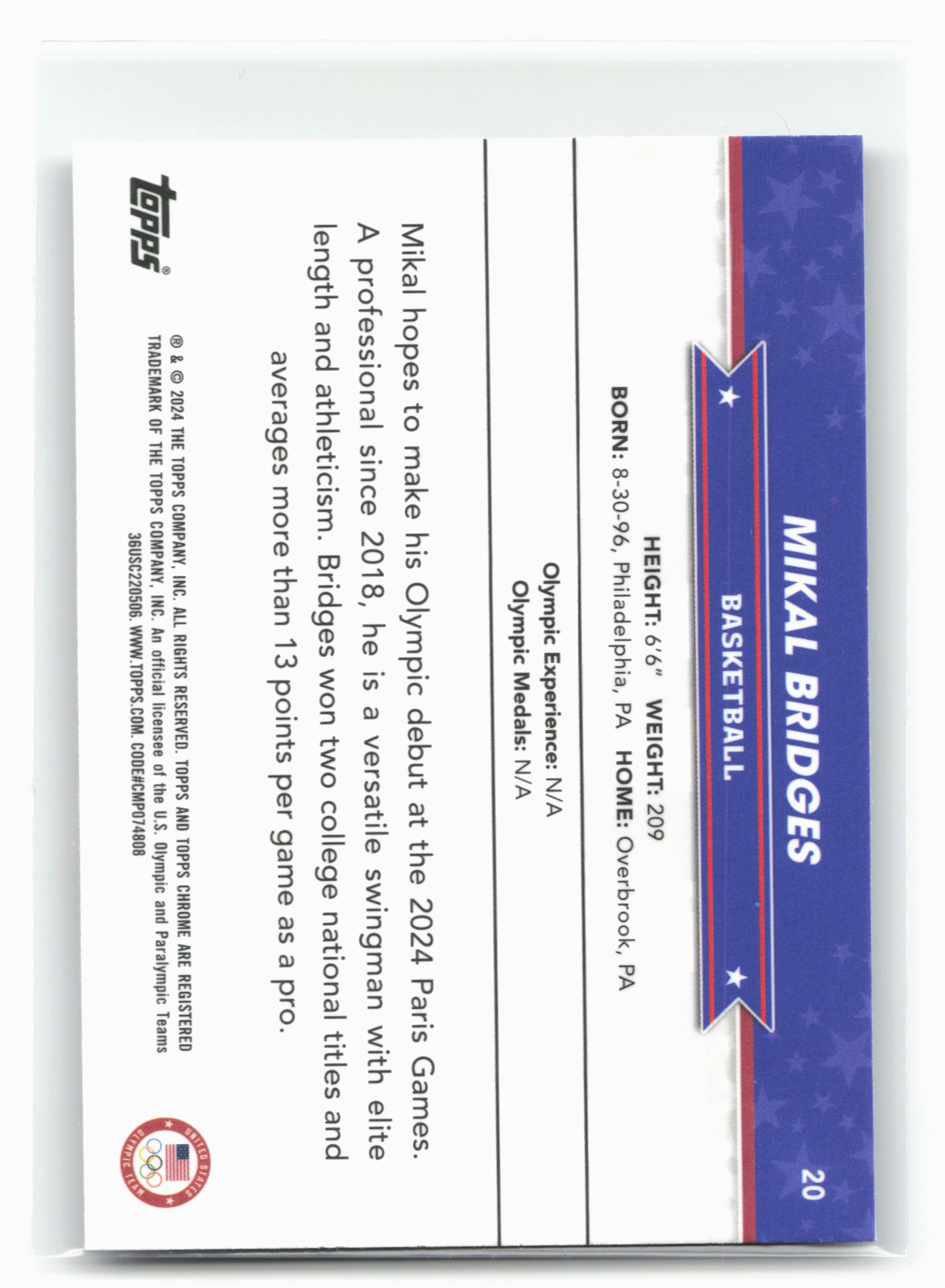 2024 Topps Chrome U.S. Olympics & Paralympic Hopefuls #20 Mikal Bridges 29002