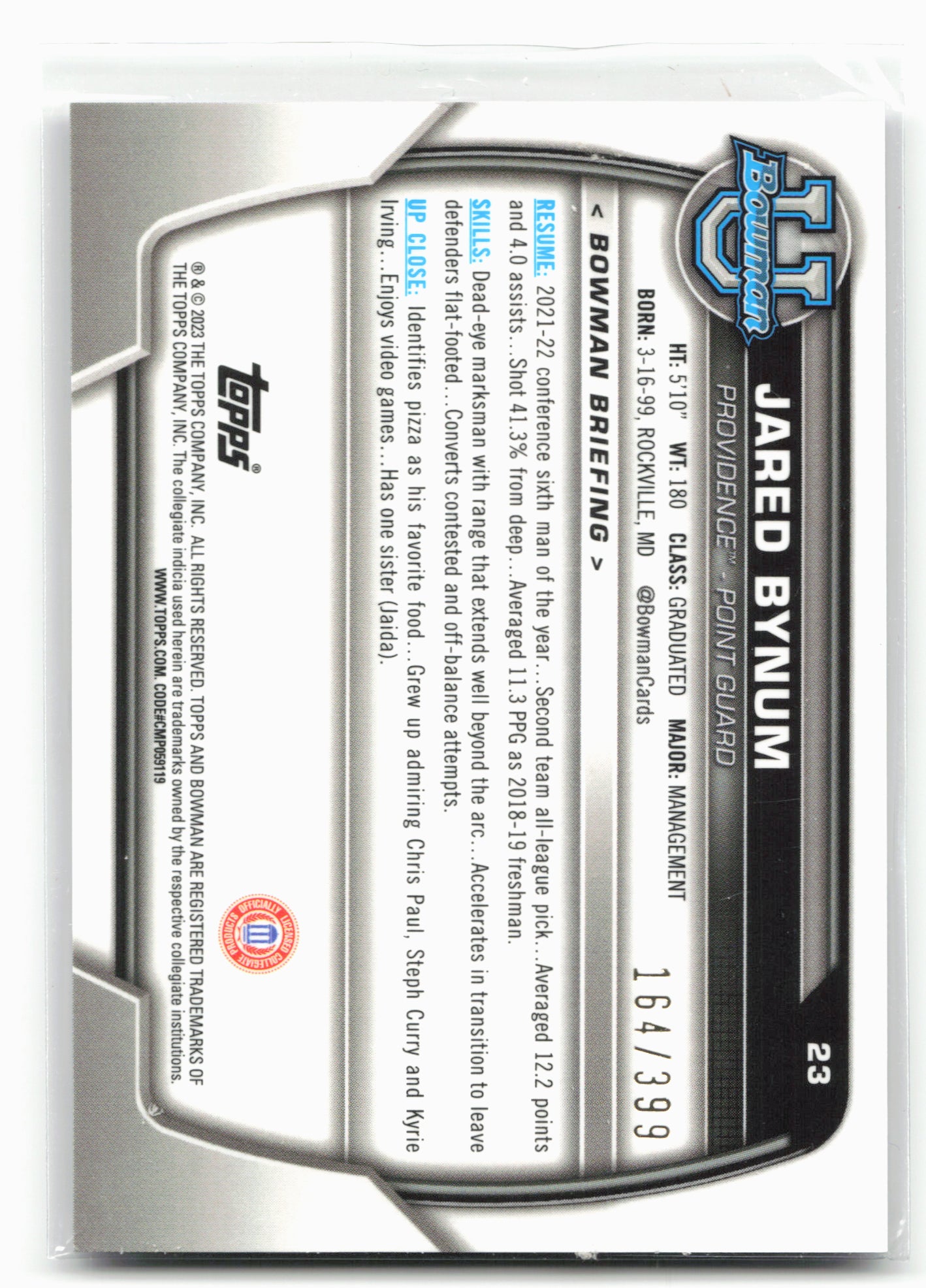 2022-23 Bowman University Chrome #23 Jared Bynum Purple Mini-Diamond #/399