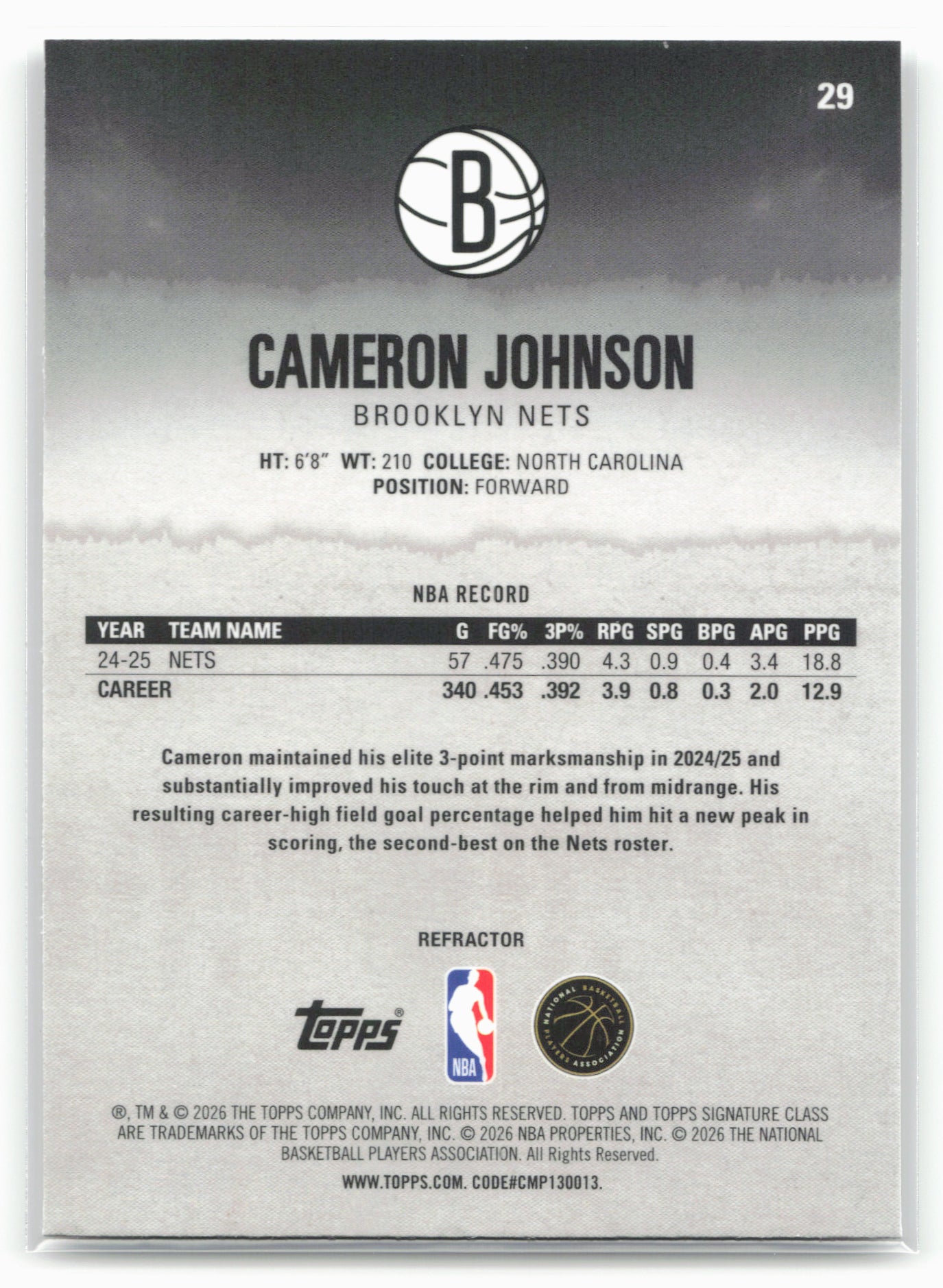 2025-26 Topps Signature Class #29 Cameron Johnson Chrome Refractors
